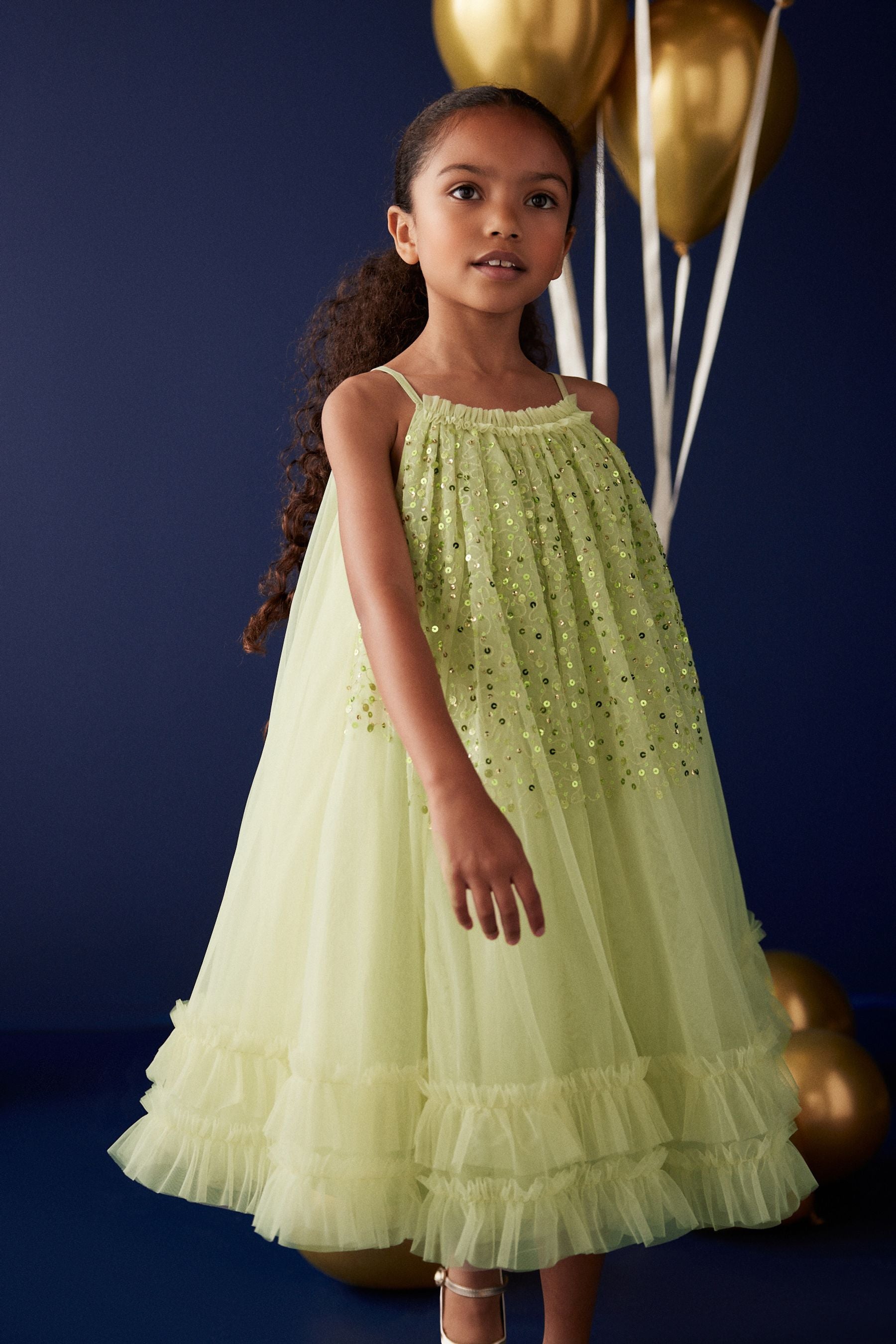 Matcha Green Sequin Mesh Trapeze Occasion Dress (3-16yrs)