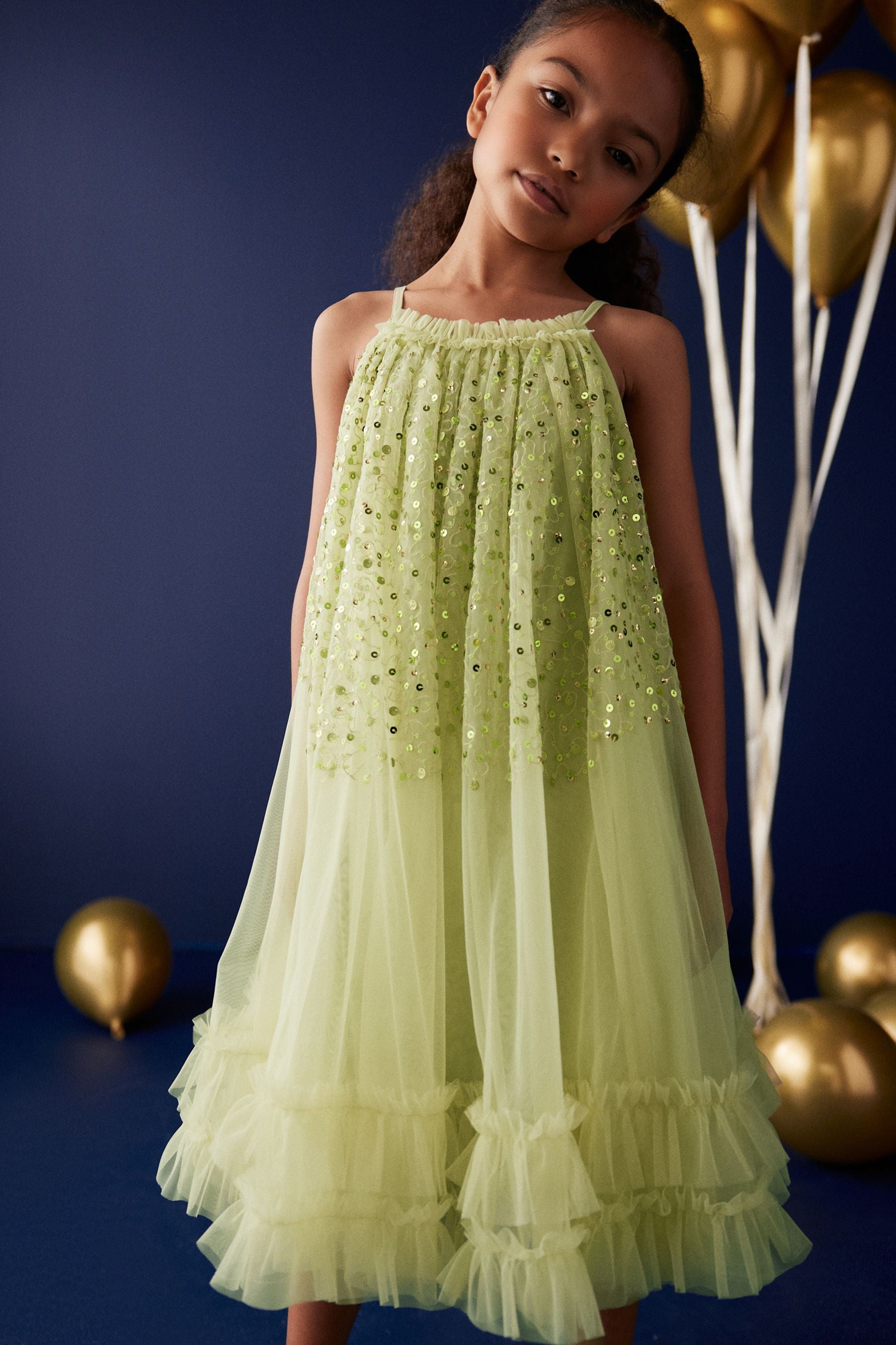 Matcha Green Sequin Mesh Trapeze Occasion Dress (3-16yrs)