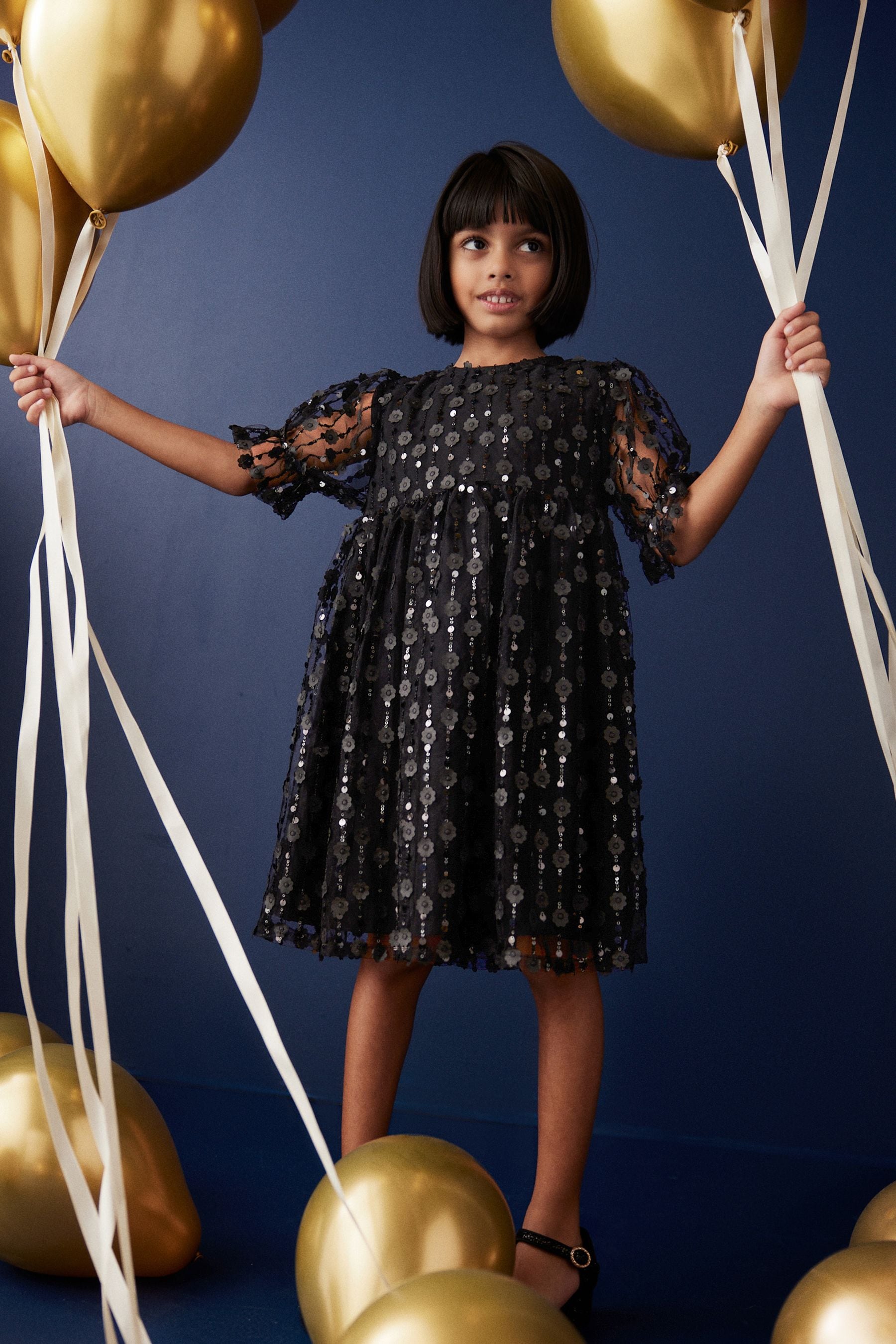 Black Sequin Mesh Flower Party Dress (3-16yrs)