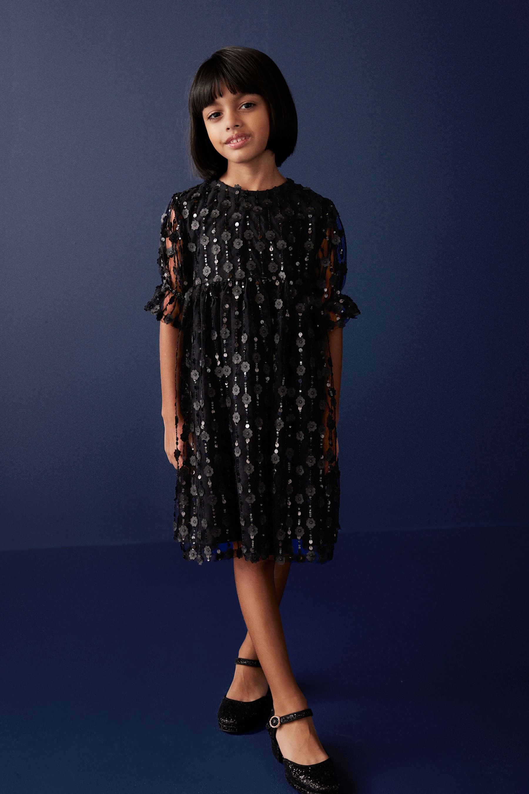 Black Sequin Mesh Flower Party Dress (3-16yrs)