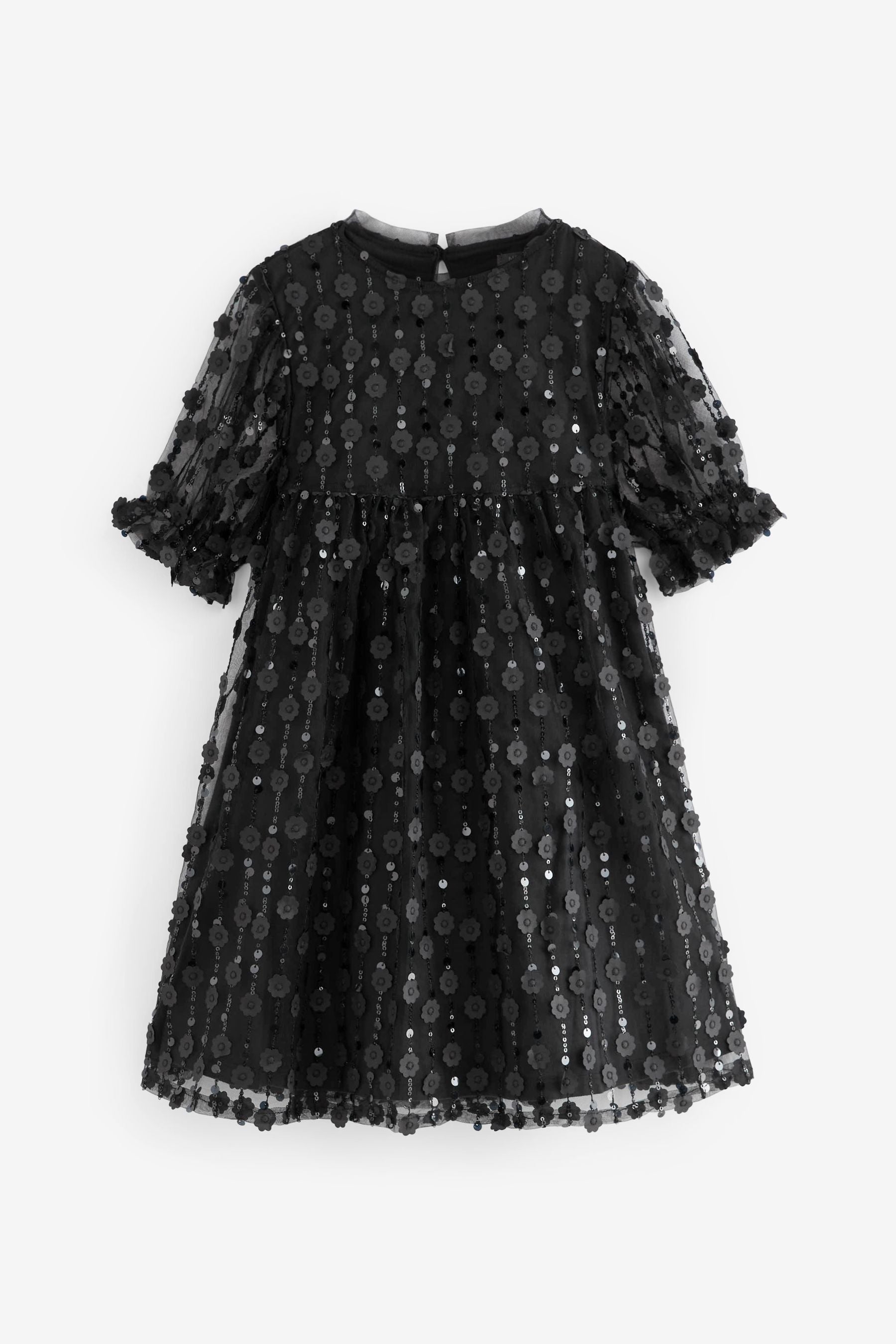 Black Sequin Mesh Flower Party Dress (3-16yrs)