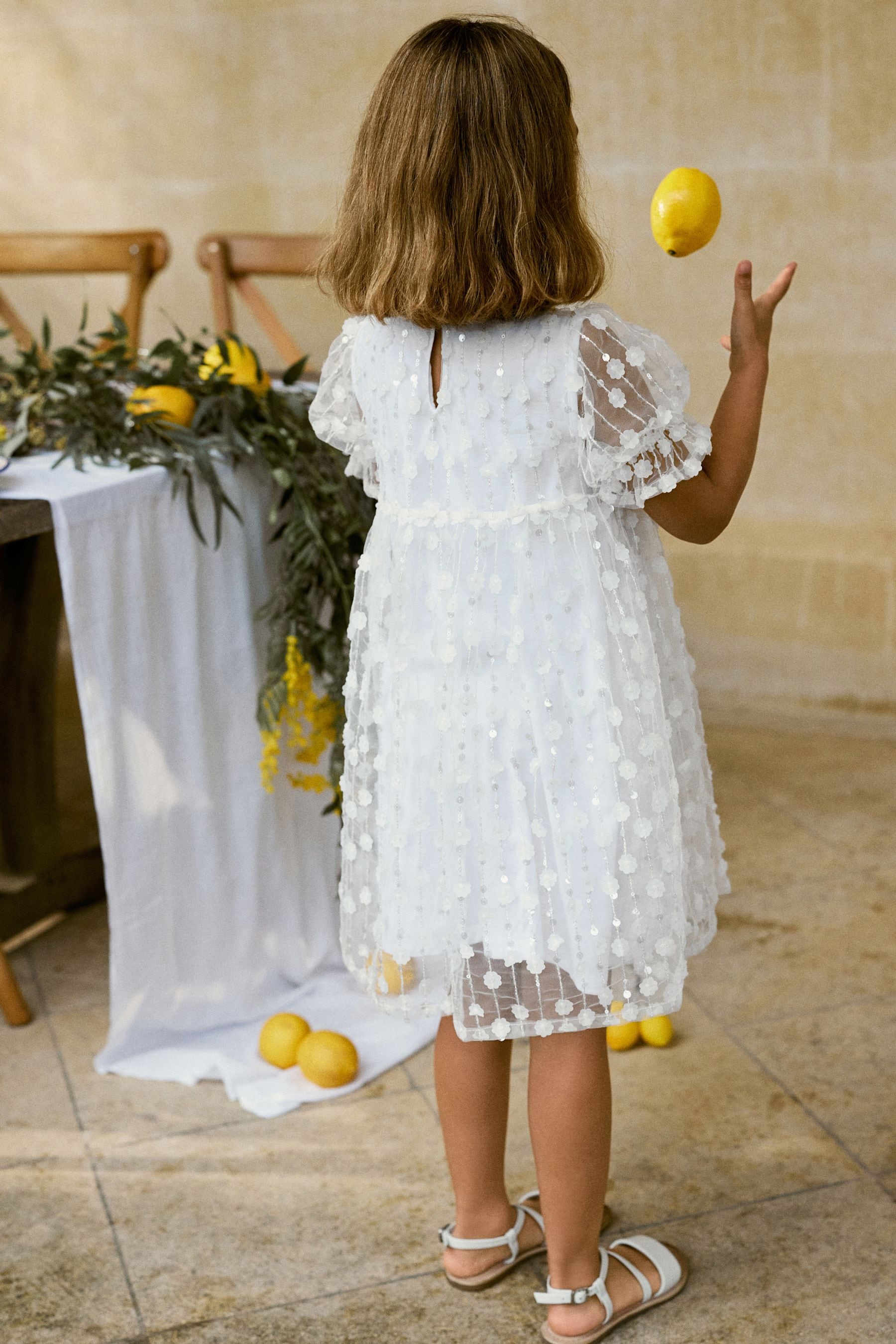 White Sequin Mesh Flower Party Dress (3-16yrs)