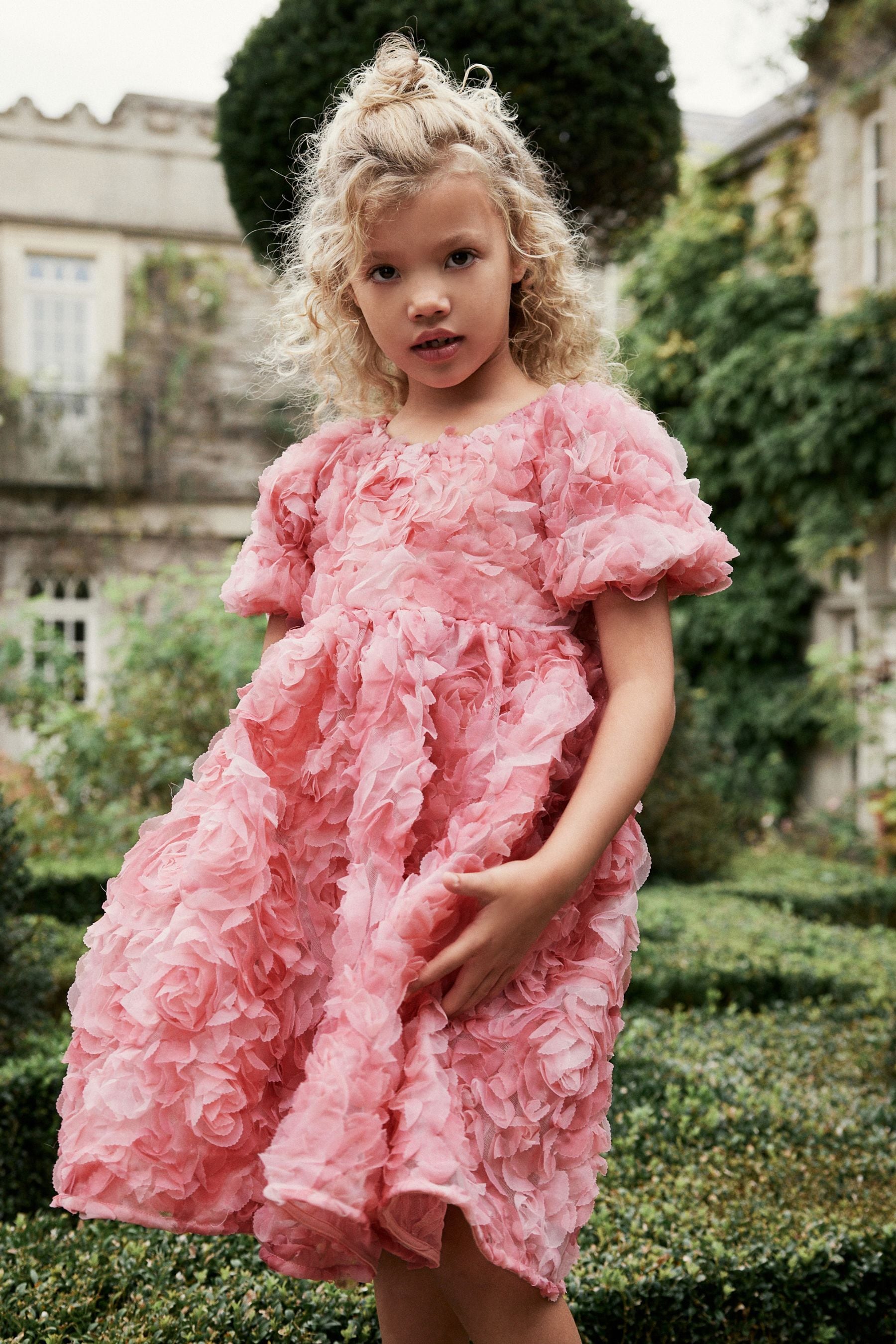 Pink Rose 3D Floral Print Occasion Dress (3-16yrs)