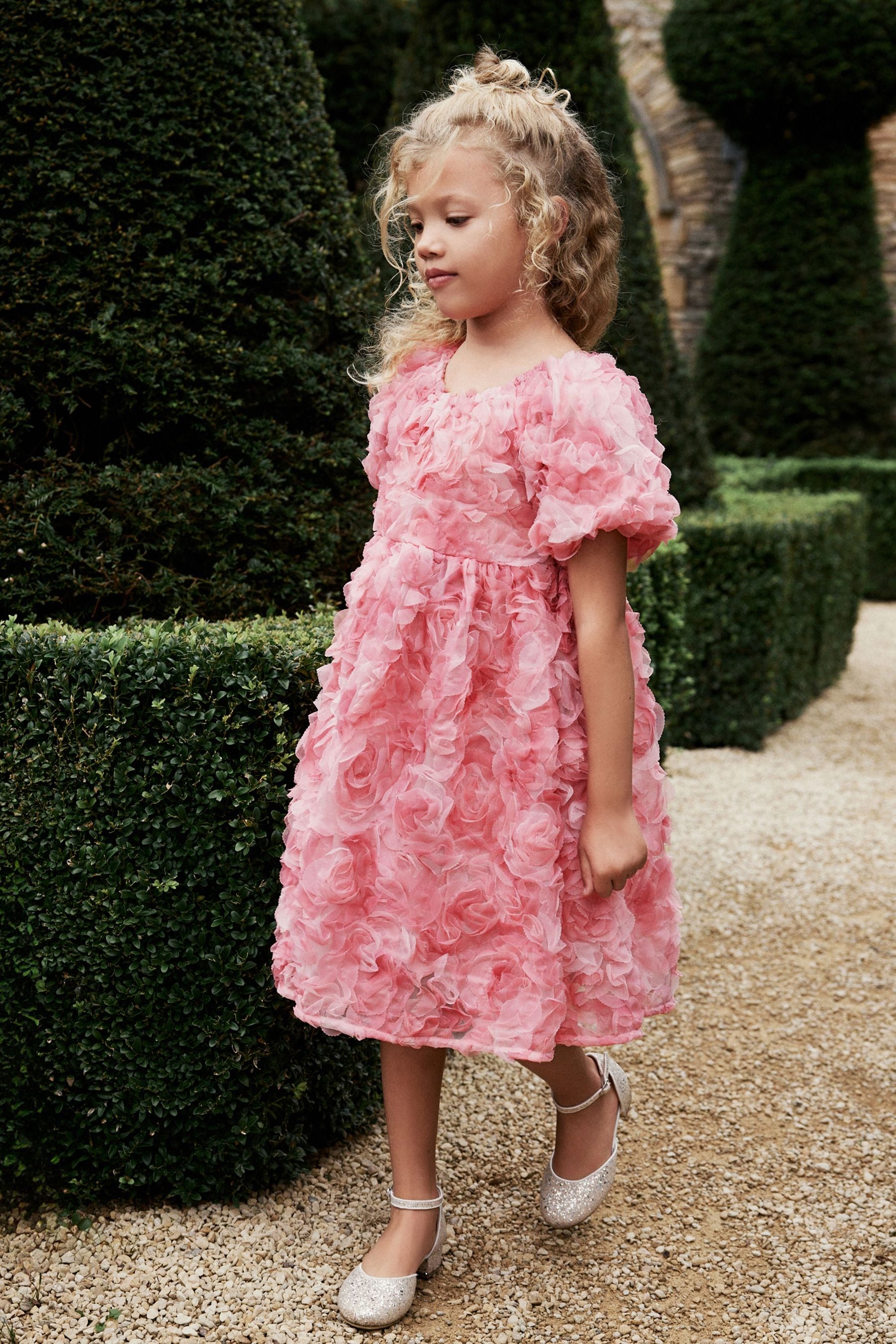 Pink Rose 3D Floral Print Occasion Dress (3-16yrs)