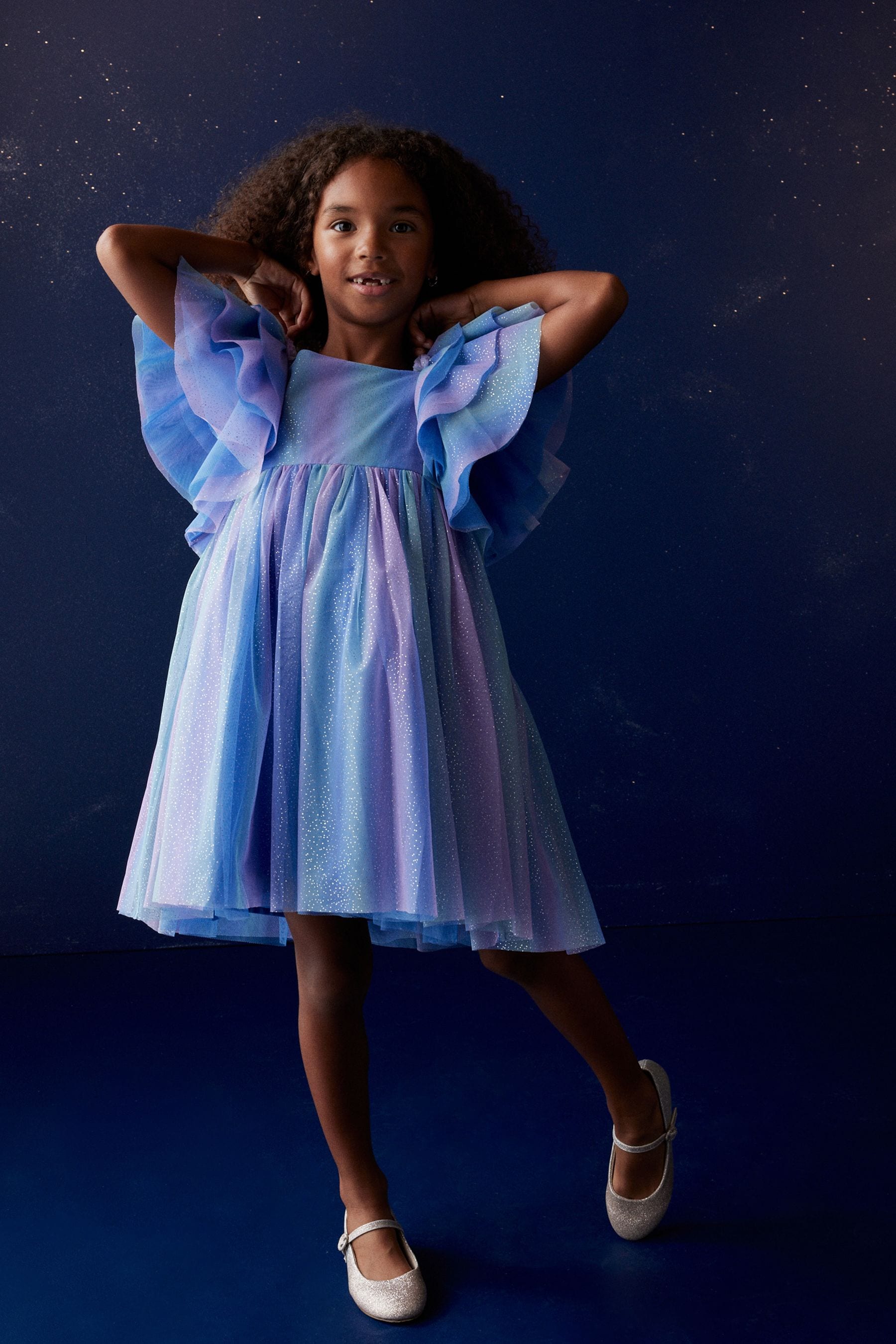 Purple/Blue Sparkle Frill Sleeve Mesh Party Dress (3-16yrs)