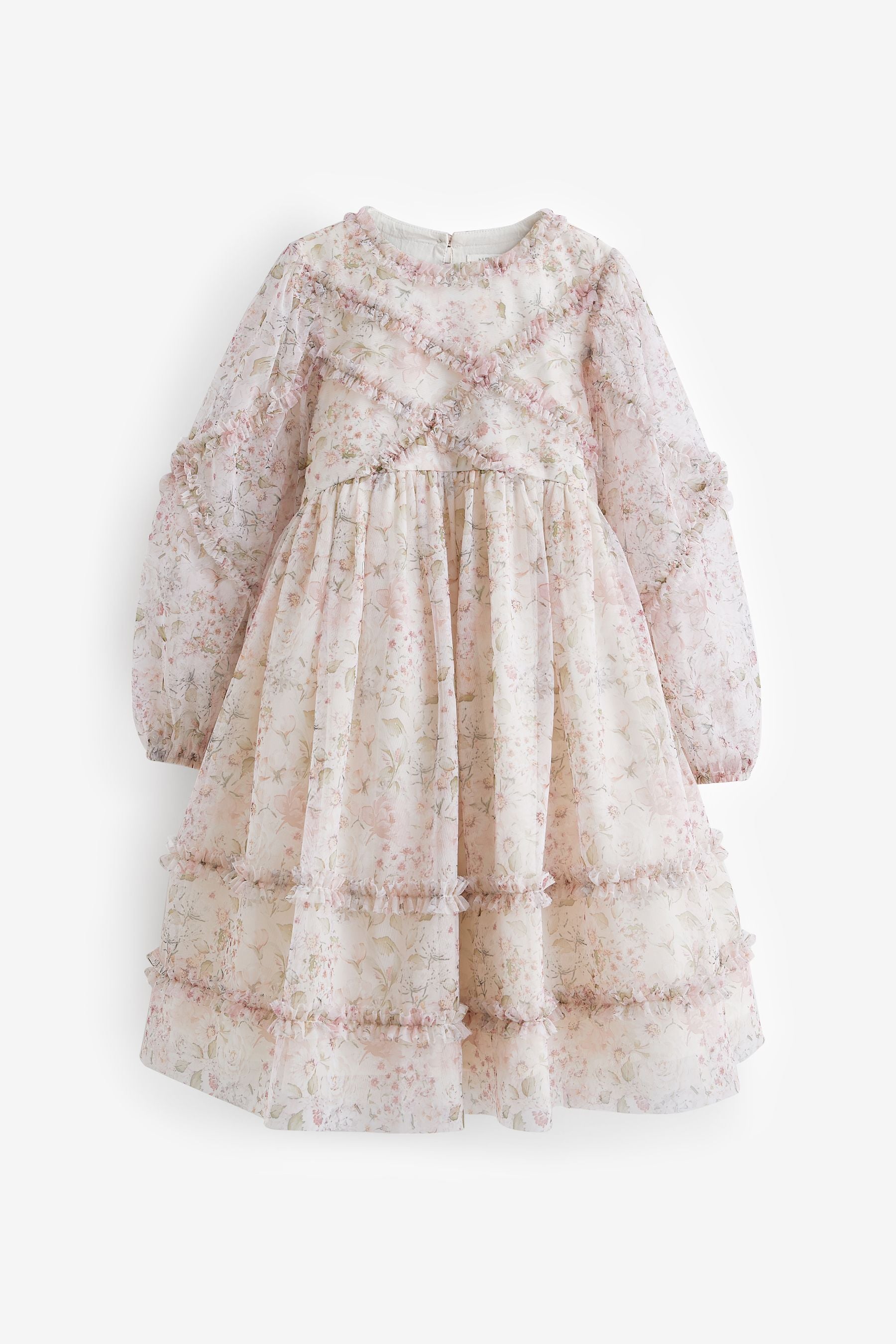 Ecru Floral Long Sleeve Soft Mesh Dress (3-16yrs)