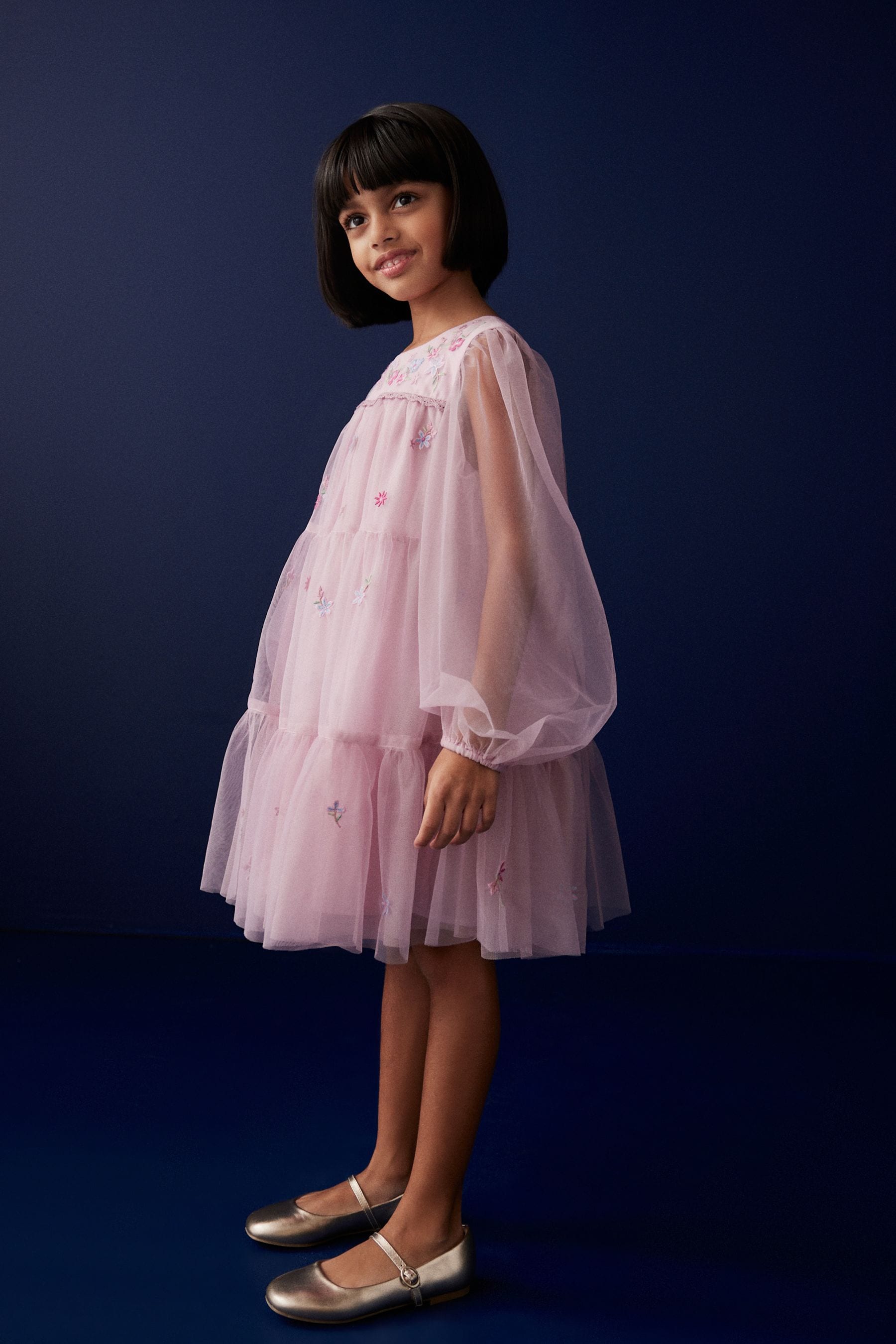 Pink Pretty Embroidered Long Sleeve Soft Mesh Dress (3-16yrs)