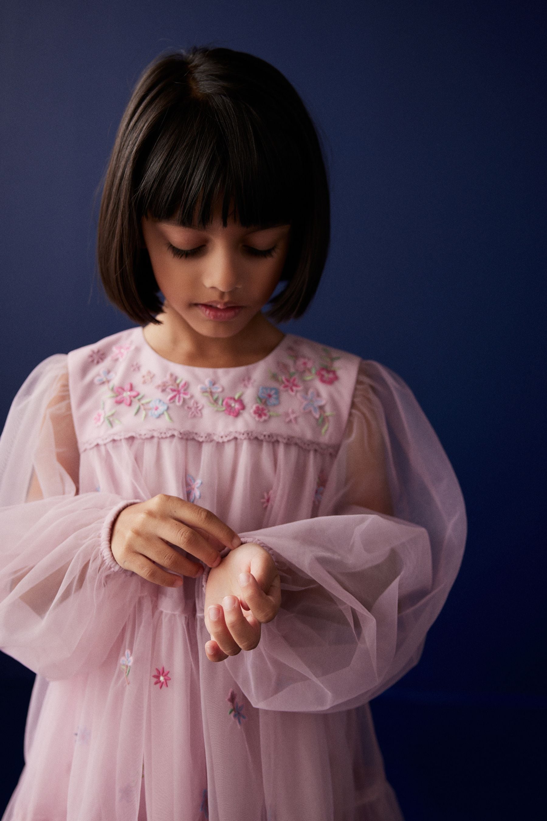 Pink Pretty Embroidered Long Sleeve Soft Mesh Dress (3-16yrs)