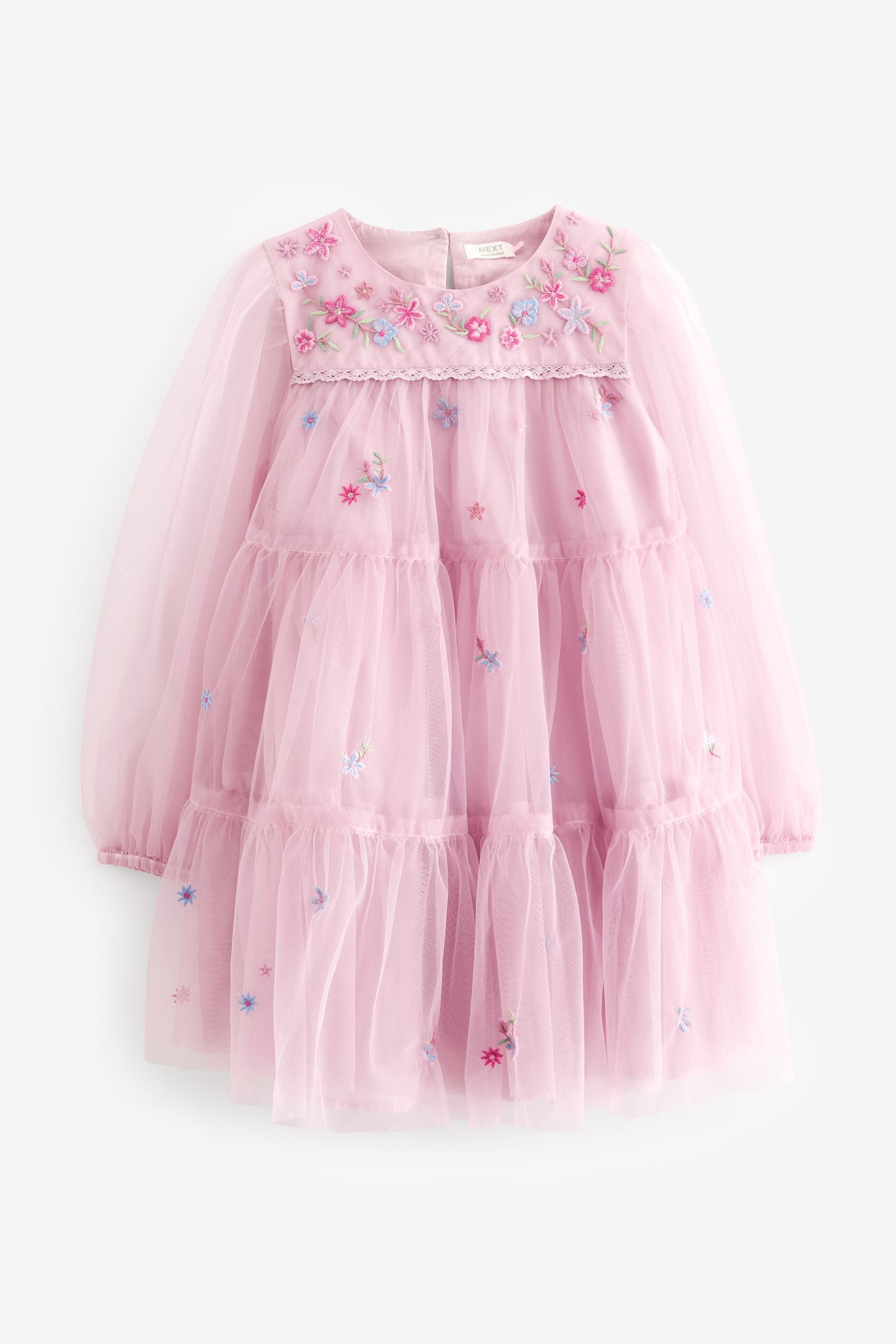 Pink Pretty Embroidered Long Sleeve Soft Mesh Dress (3-16yrs)