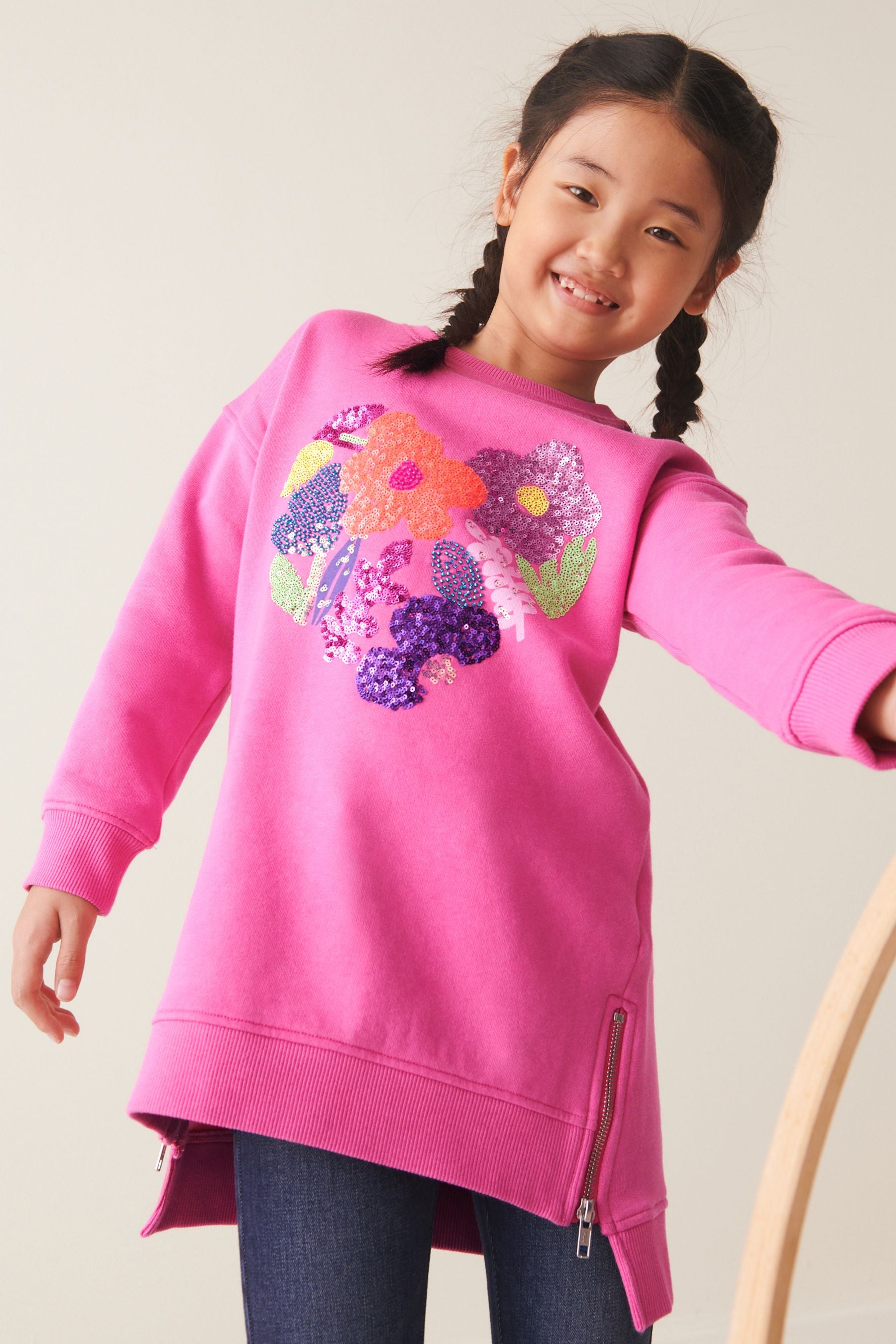 Pink Sequin/ Bead Embellished Heart Soft Jumper Dress (3-16yrs)