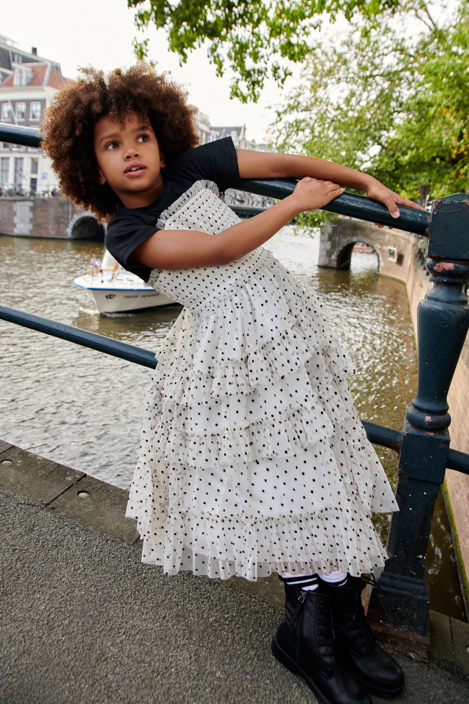 Black/White Flock Spot T-Shirt And Cami Mesh Dress Set (3-16yrs)