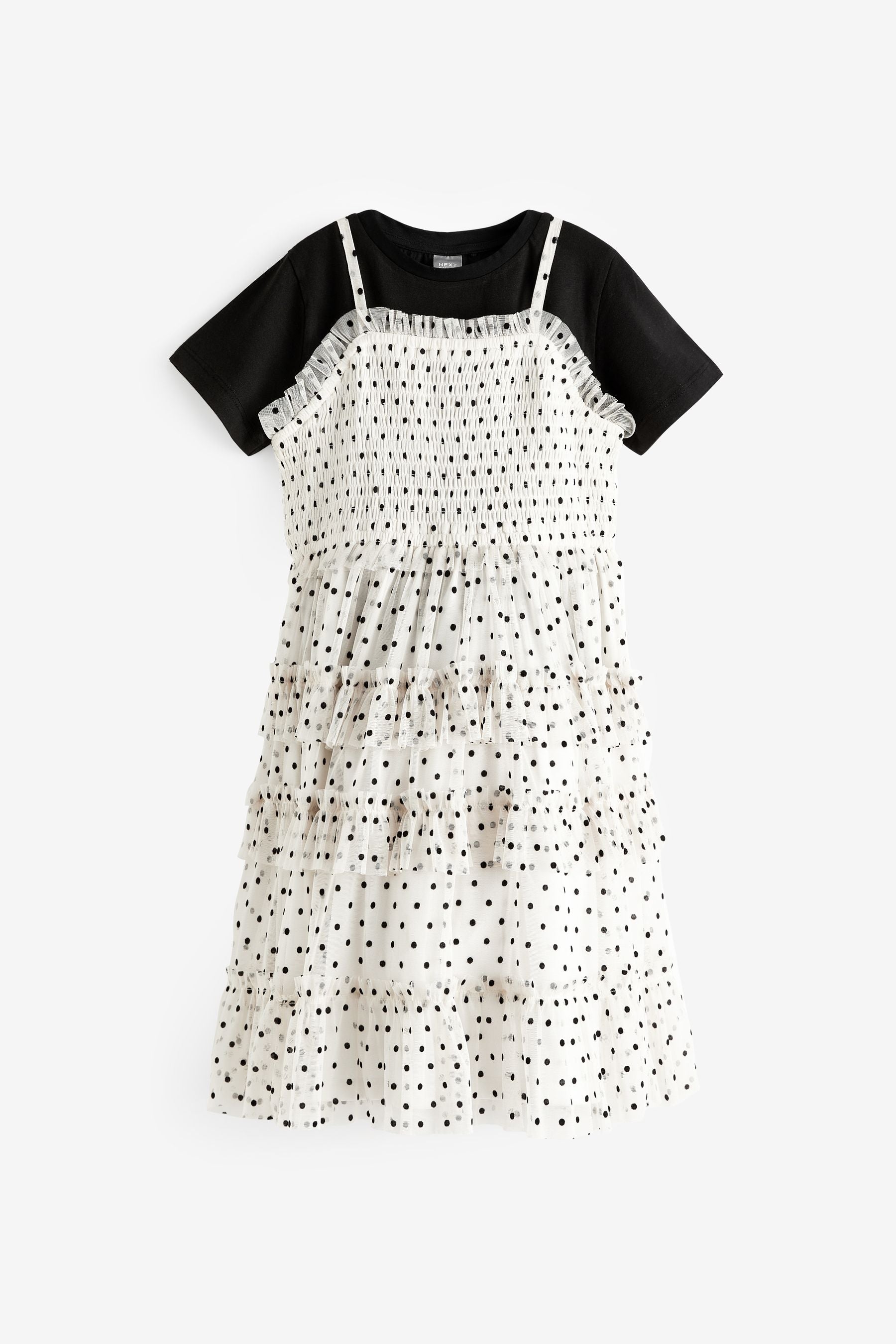 Black/White Flock Spot T-Shirt And Cami Mesh Dress Set (3-16yrs)