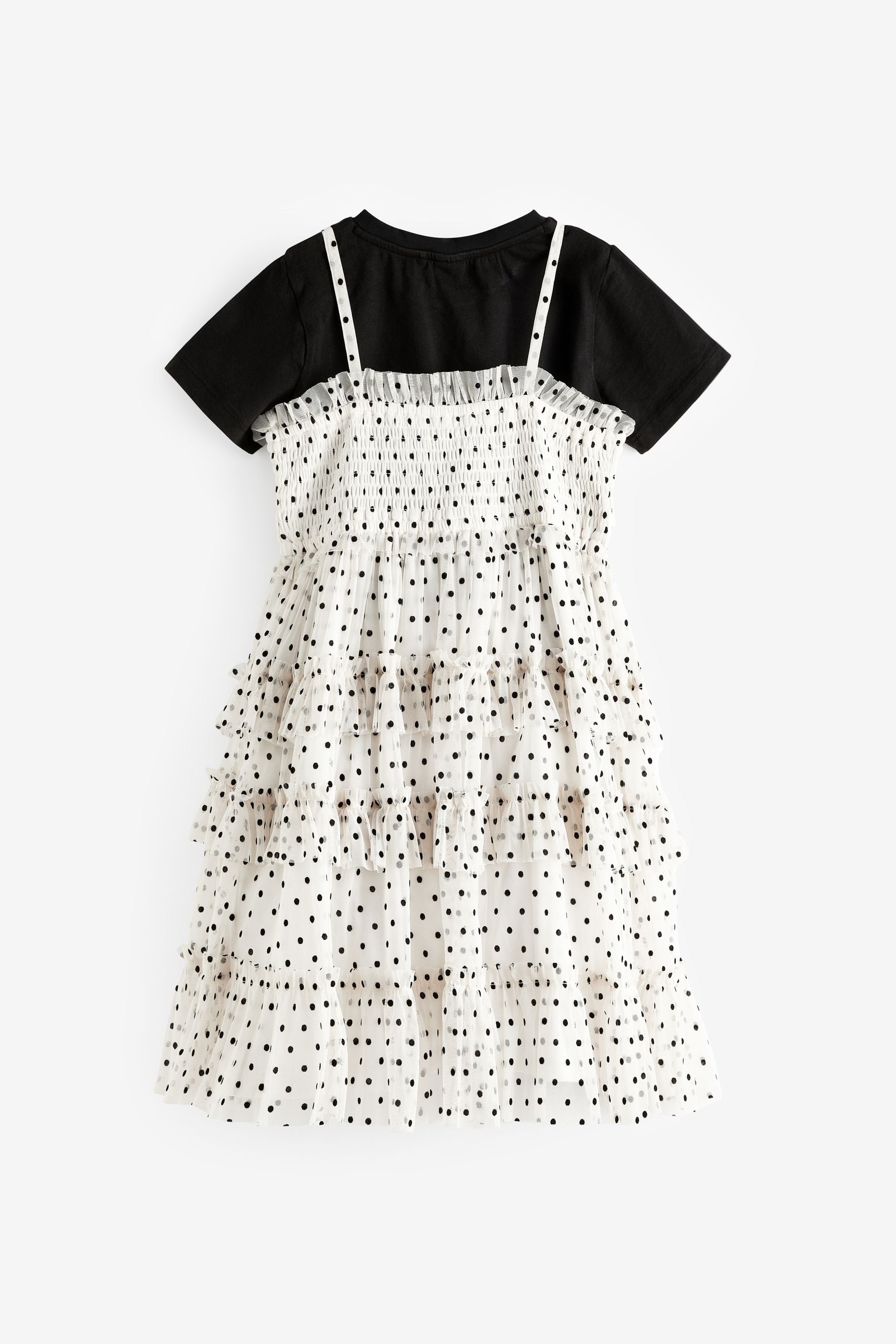 Black/White Flock Spot T-Shirt And Cami Mesh Dress Set (3-16yrs)