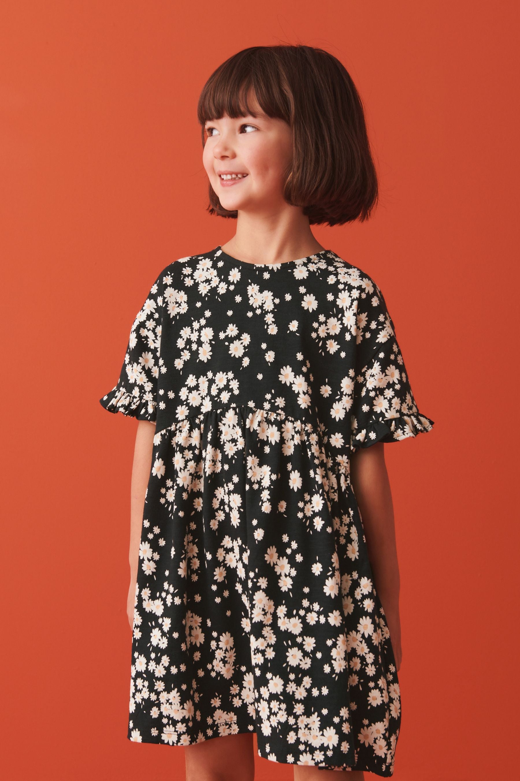 Black Daisy Print Short Sleeve Cotton Jersey Dress (3-16yrs)