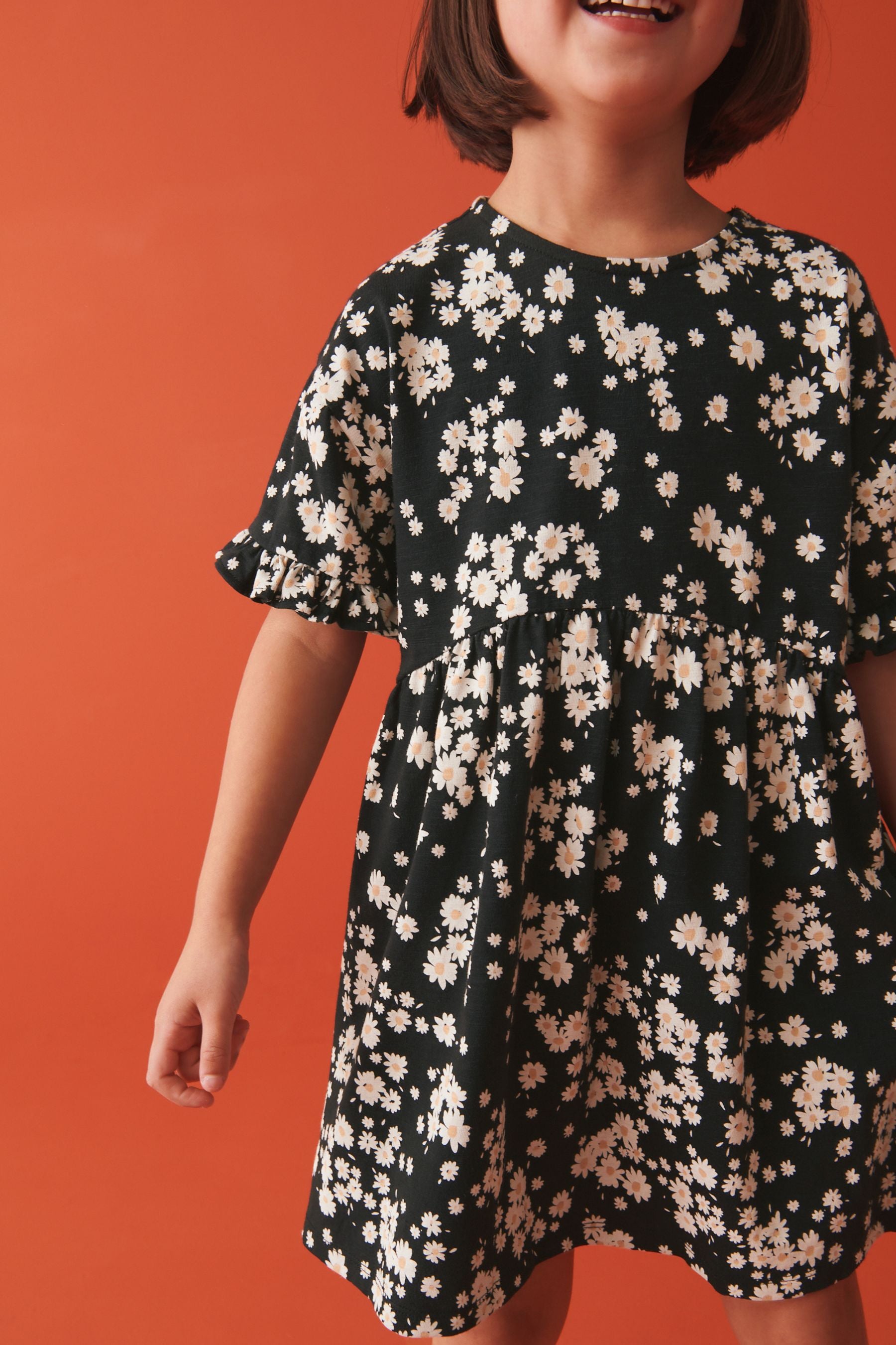 Black Daisy Print Short Sleeve Cotton Jersey Dress (3-16yrs)