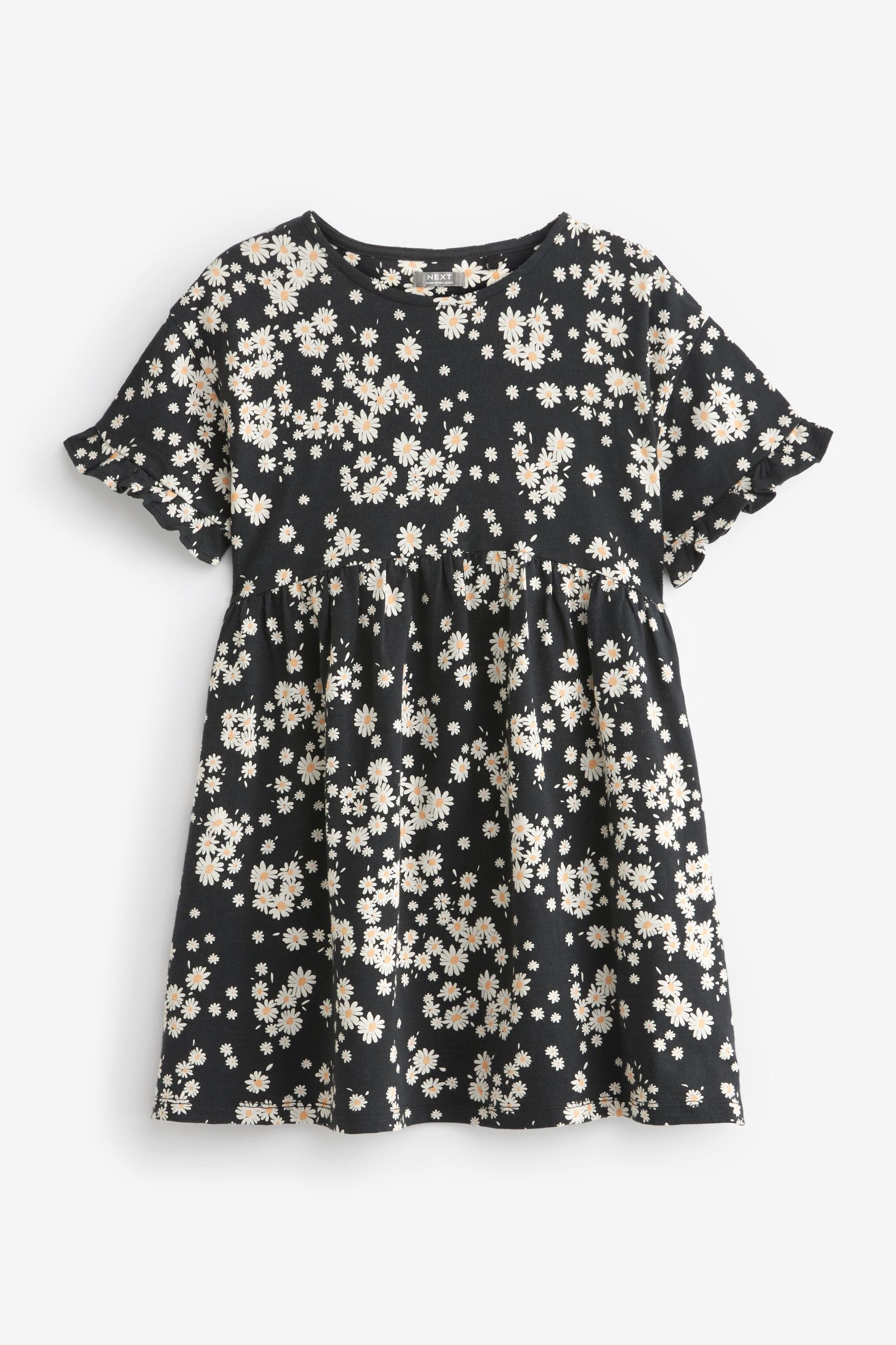 Black Daisy Print Short Sleeve Cotton Jersey Dress (3-16yrs)