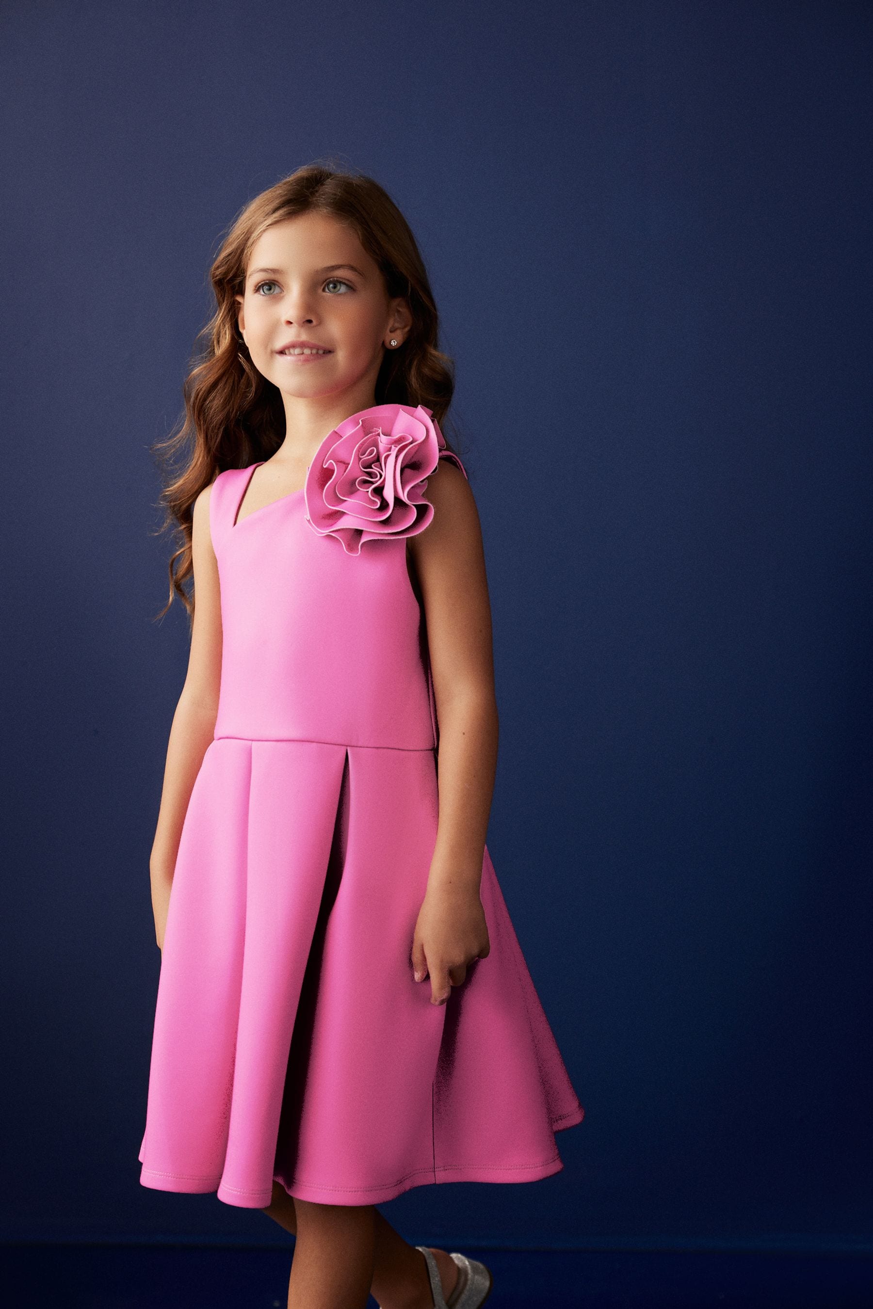 Pink 3D Flower Corsage Asymmetric Scuba Occasion Dress (1.5-16yrs)