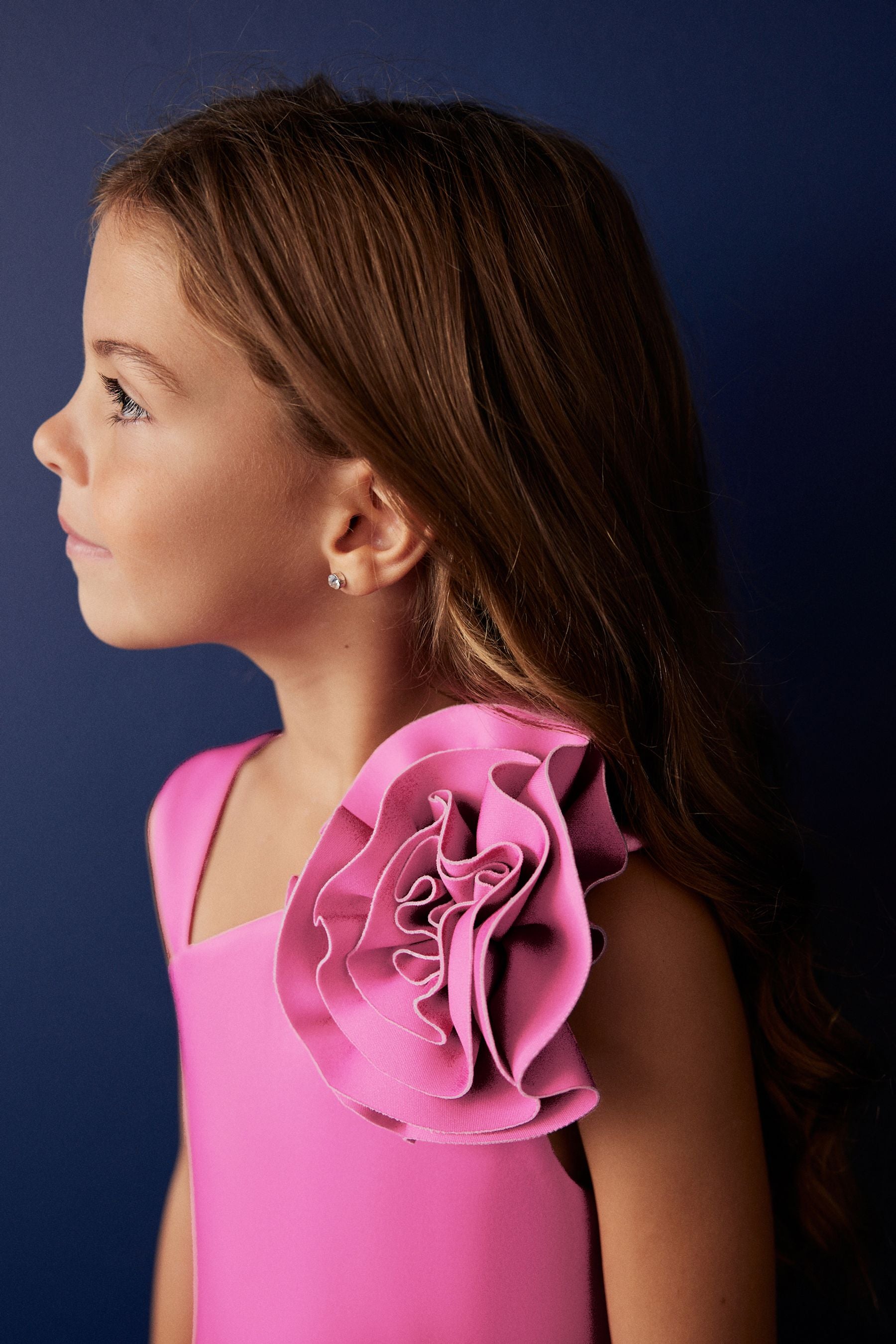 Pink 3D Flower Corsage Asymmetric Scuba Occasion Dress (1.5-16yrs)