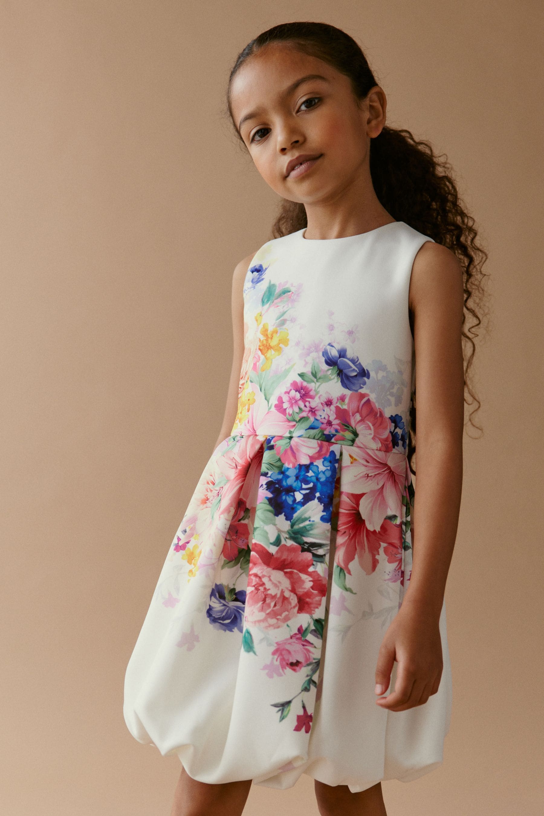 White/ Pink/ Blue Floral Puffball Hem Scuba Occasion Dress (1.5-16yrs)