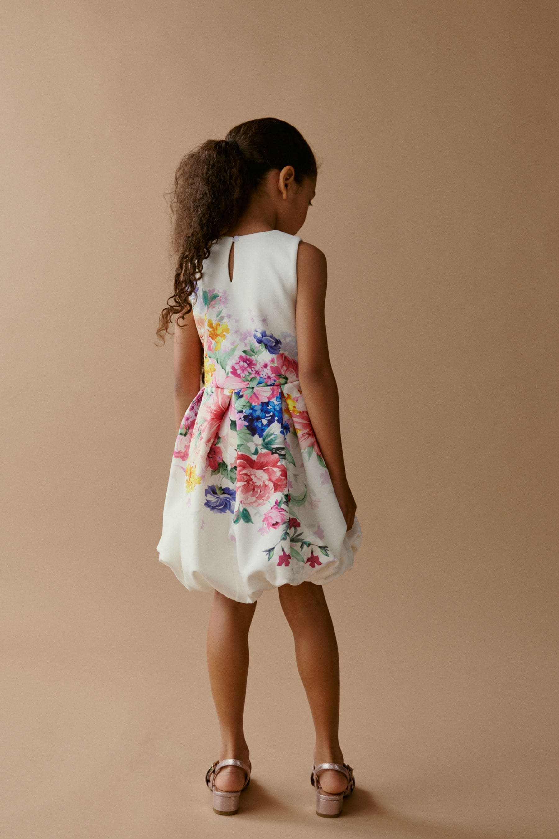 White/ Pink/ Blue Floral Puffball Hem Scuba Occasion Dress (1.5-16yrs)