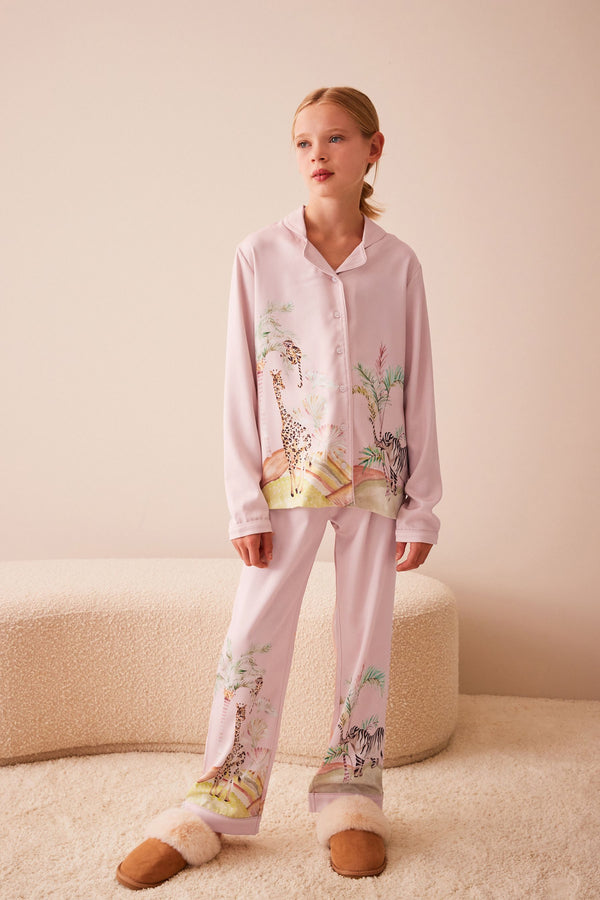 Pink Safari Satin Button Through Pyjamas (6-16yrs)