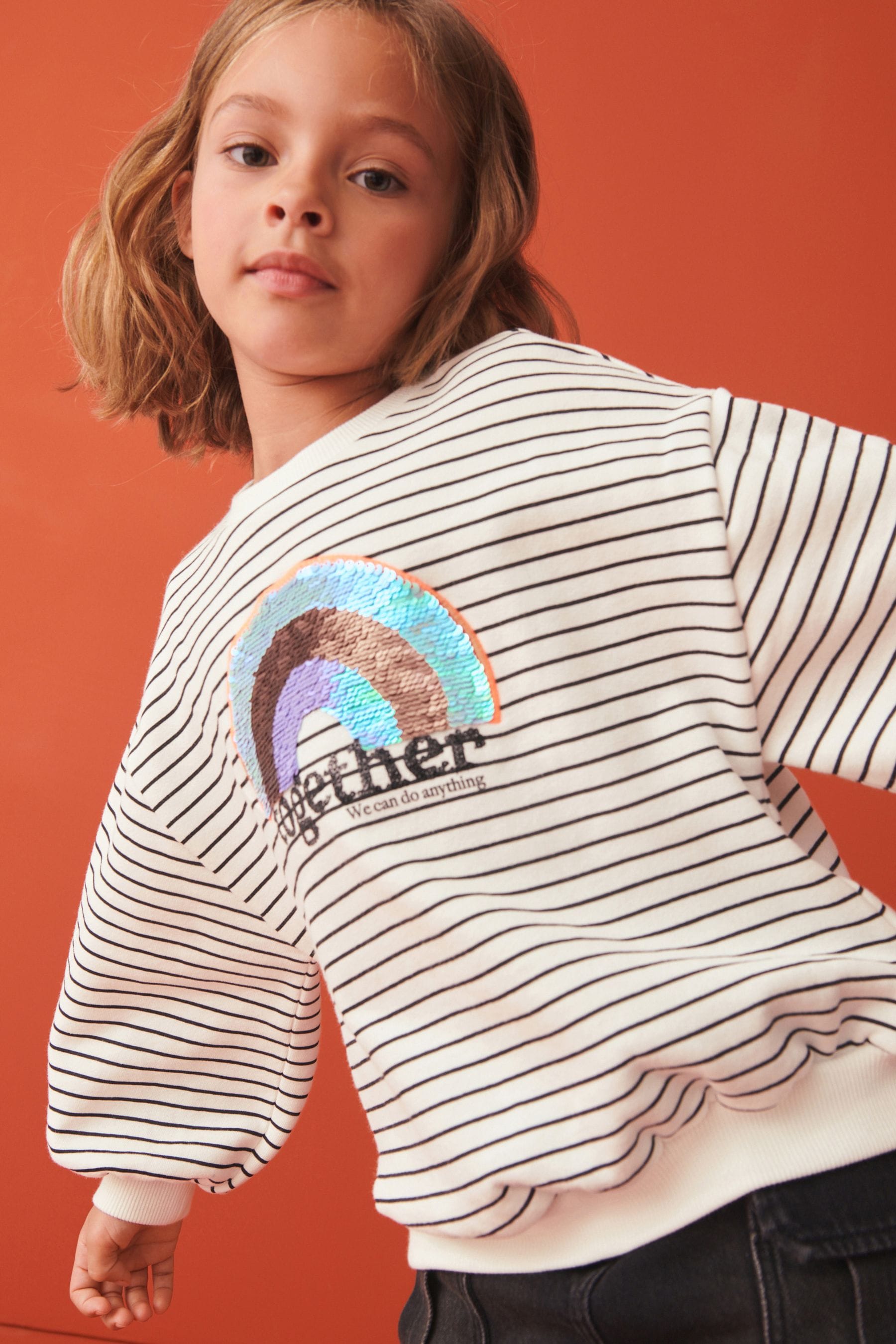 Black/White Stripe Rainbow Sequin Crew Sweatshirt Top (3-16yrs)