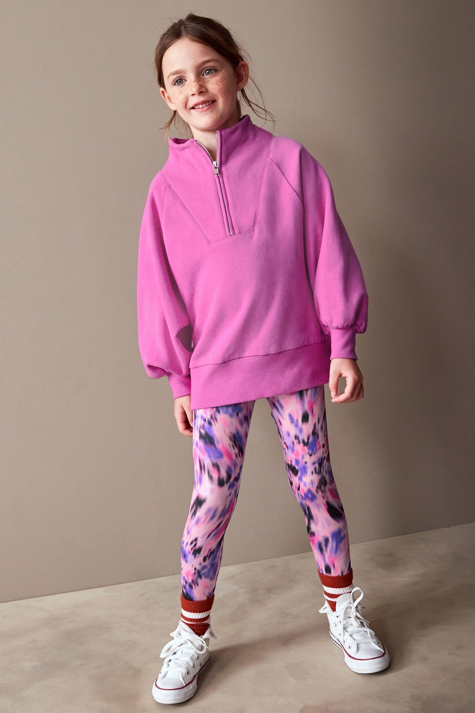 Bright Pink Half Zip Crew Sweatshirt And Leggings Set (3-16yrs)