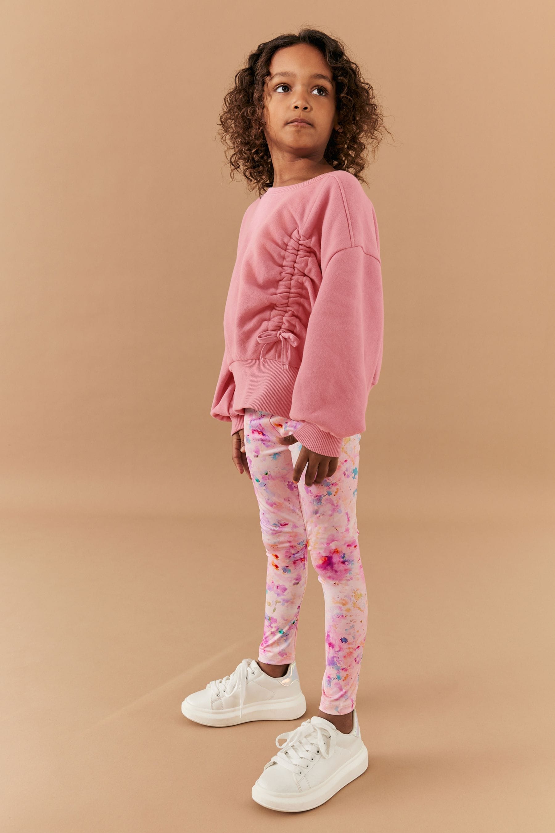 Pink Ruched Sweatshirt And Floral Leggings Set (3-16yrs)