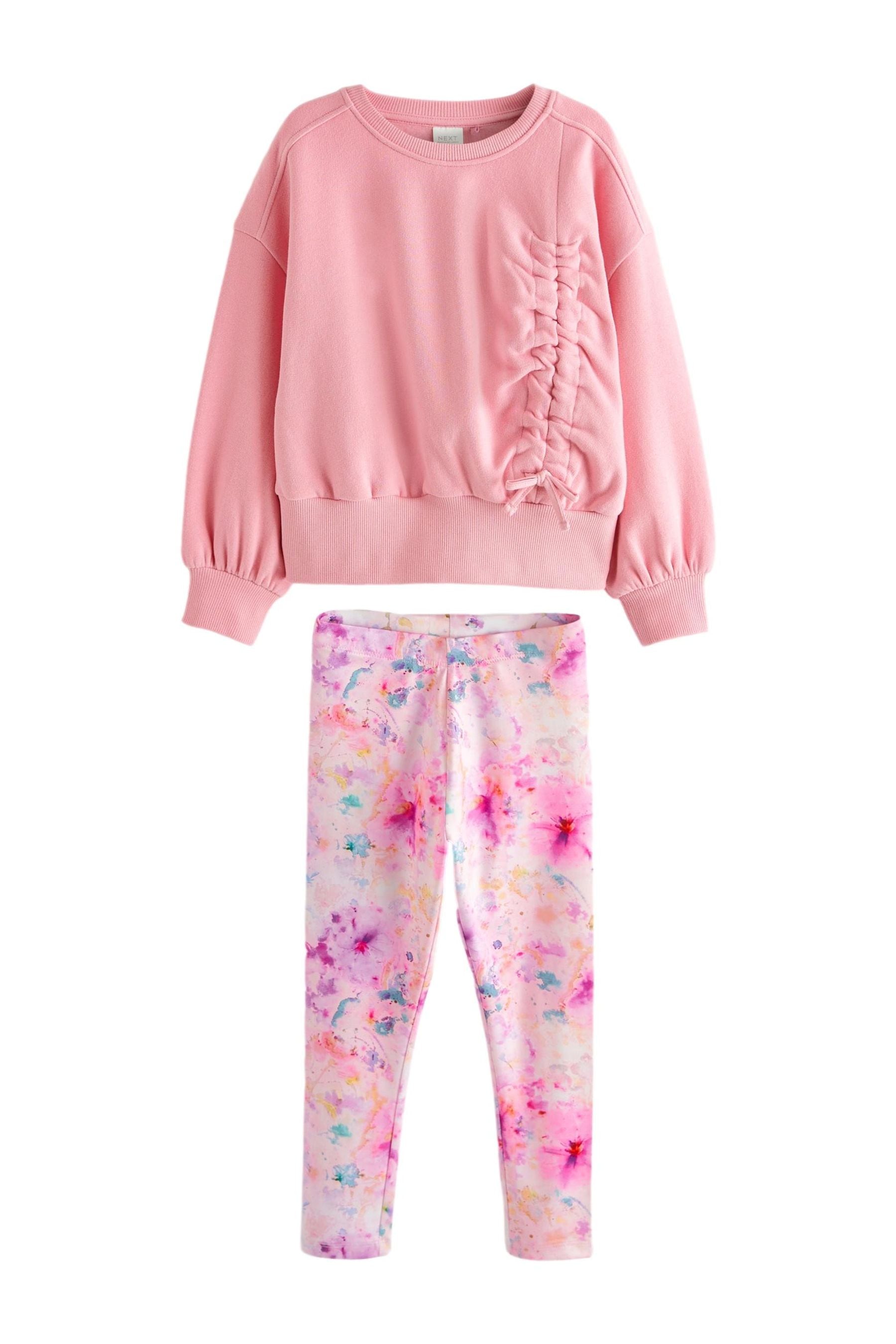 Pink Ruched Sweatshirt And Floral Leggings Set (3-16yrs)