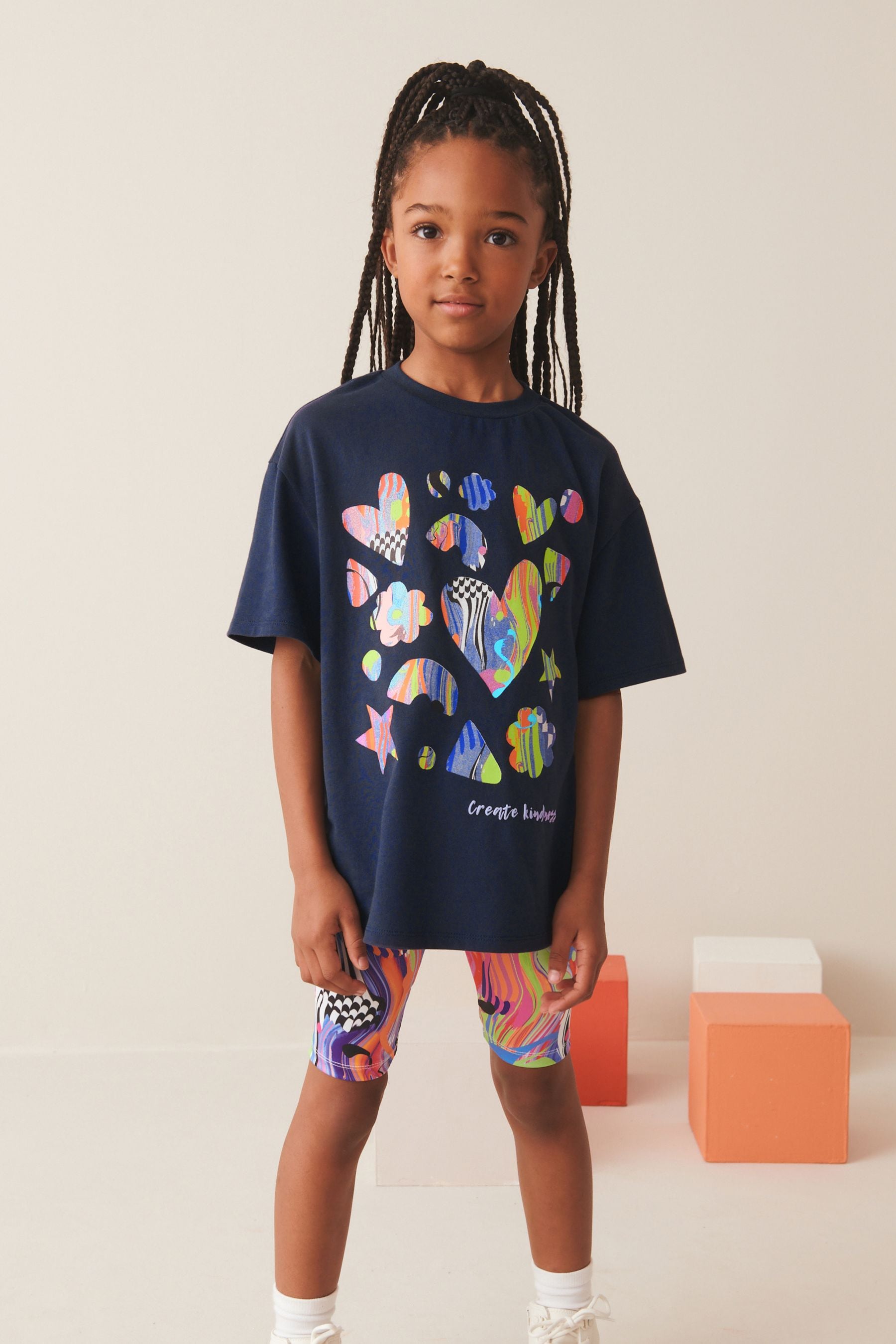 Navy Blue Shapes T-Shirt And Cycling Shorts Set (3-16yrs)