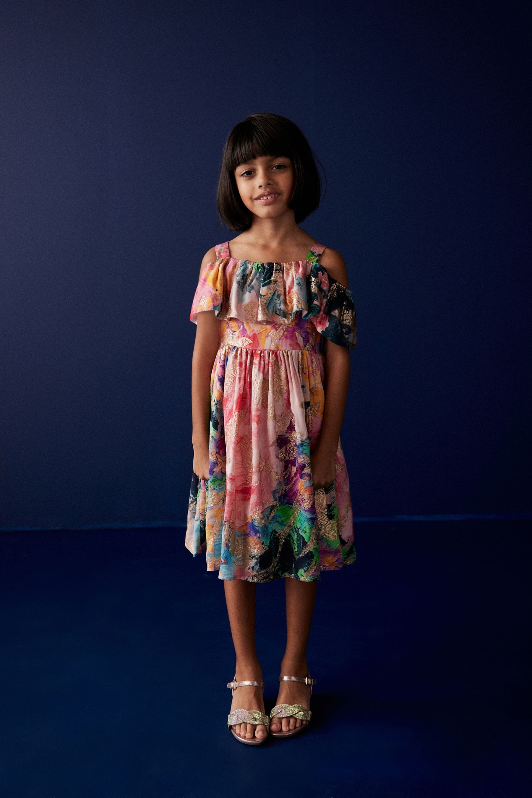 Multi Bright Jacquard Cold-Shoulder Dress (3-16yrs)