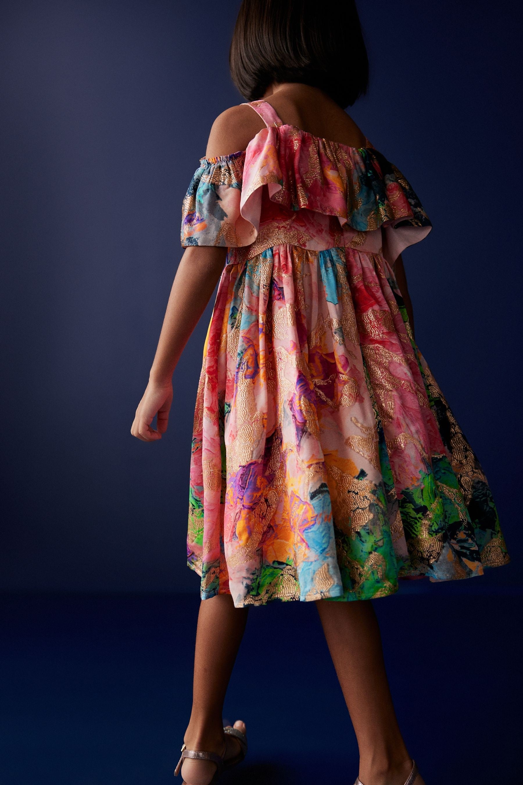 Multi Bright Jacquard Cold-Shoulder Dress (3-16yrs)