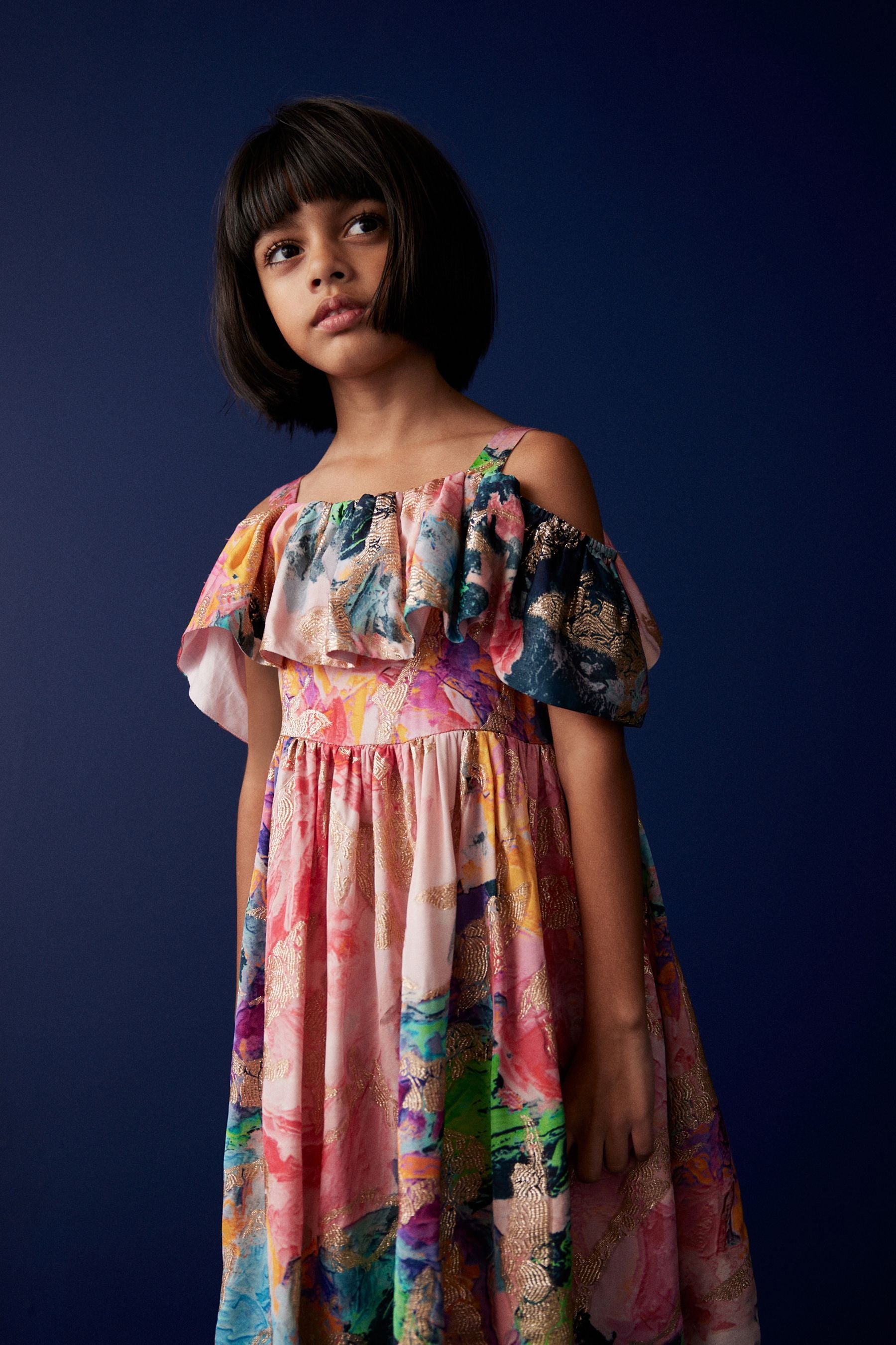 Multi Bright Jacquard Cold-Shoulder Dress (3-16yrs)