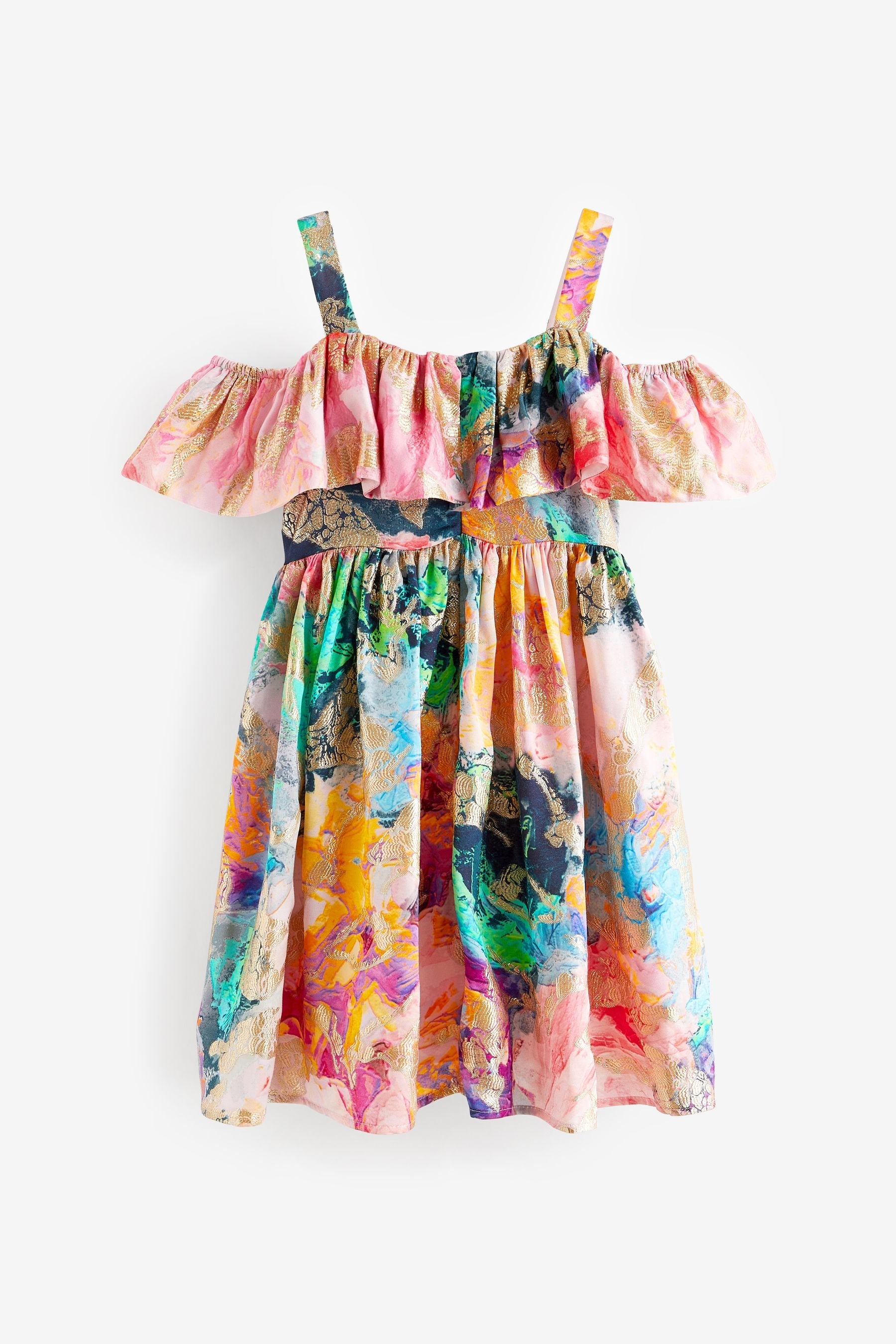 Multi Bright Jacquard Cold-Shoulder Dress (3-16yrs)