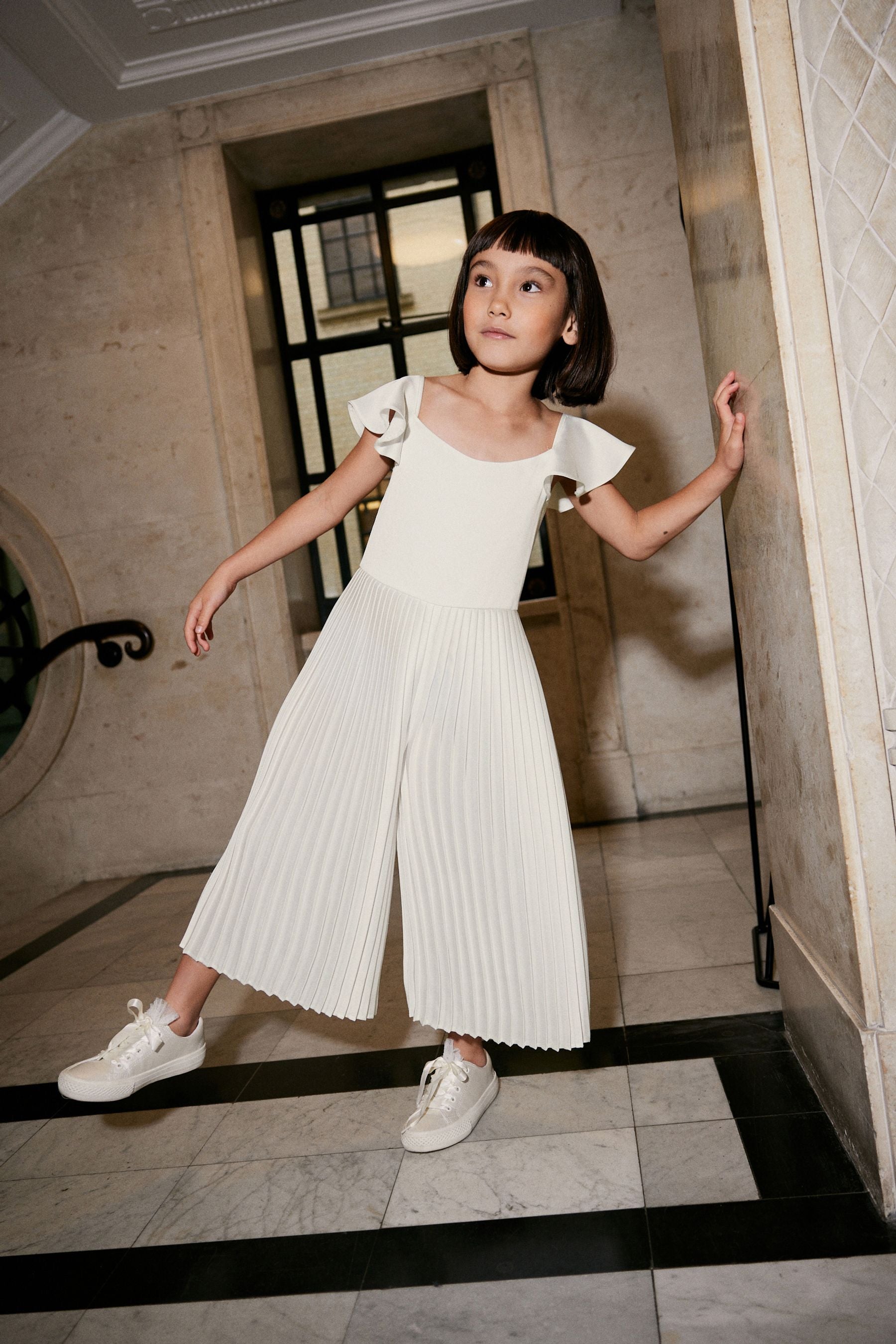 Ivory White Pleated Satin Jumpsuit (3-16yrs)