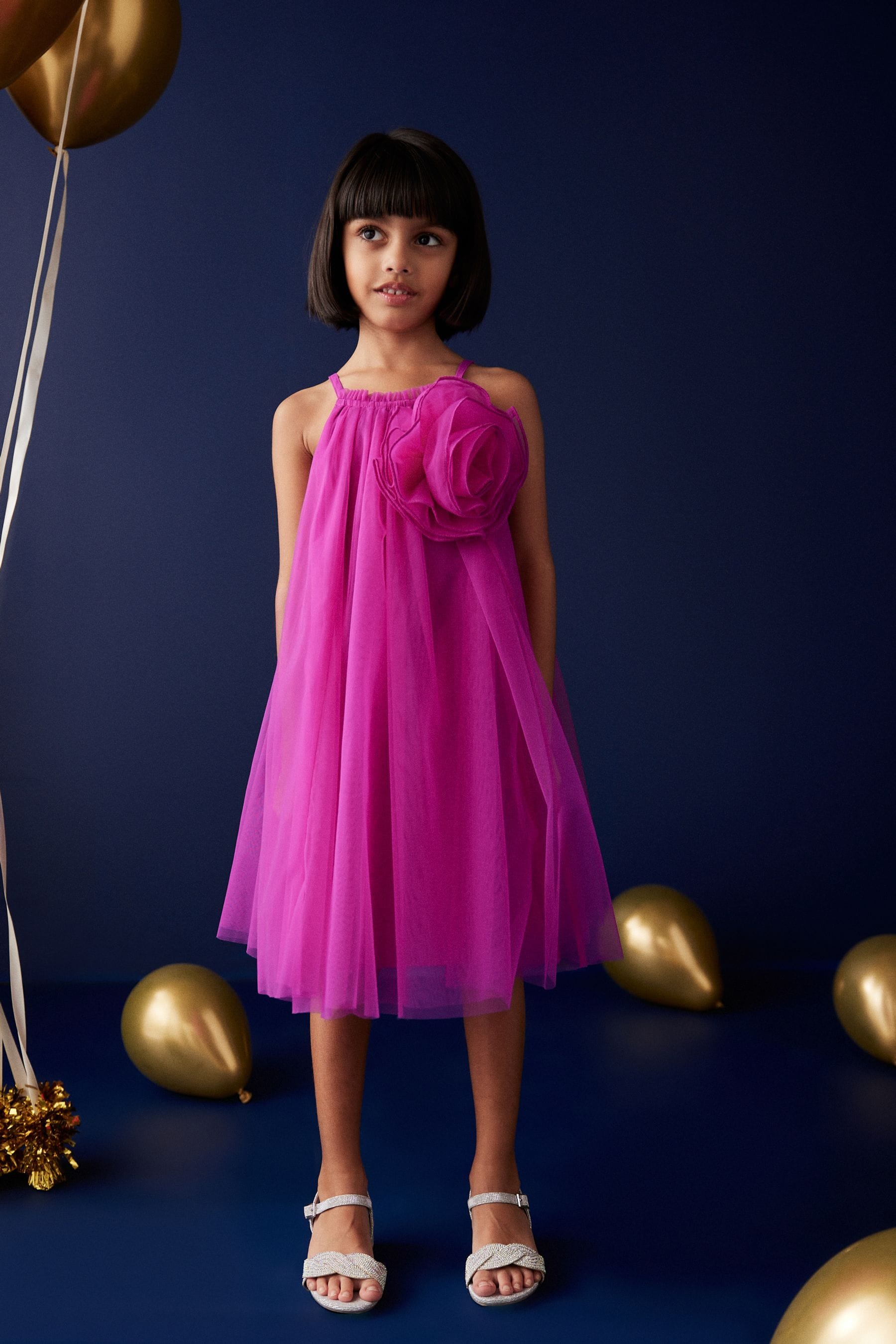 Magenta Pink Corsage Mesh Dress (3-16yrs)