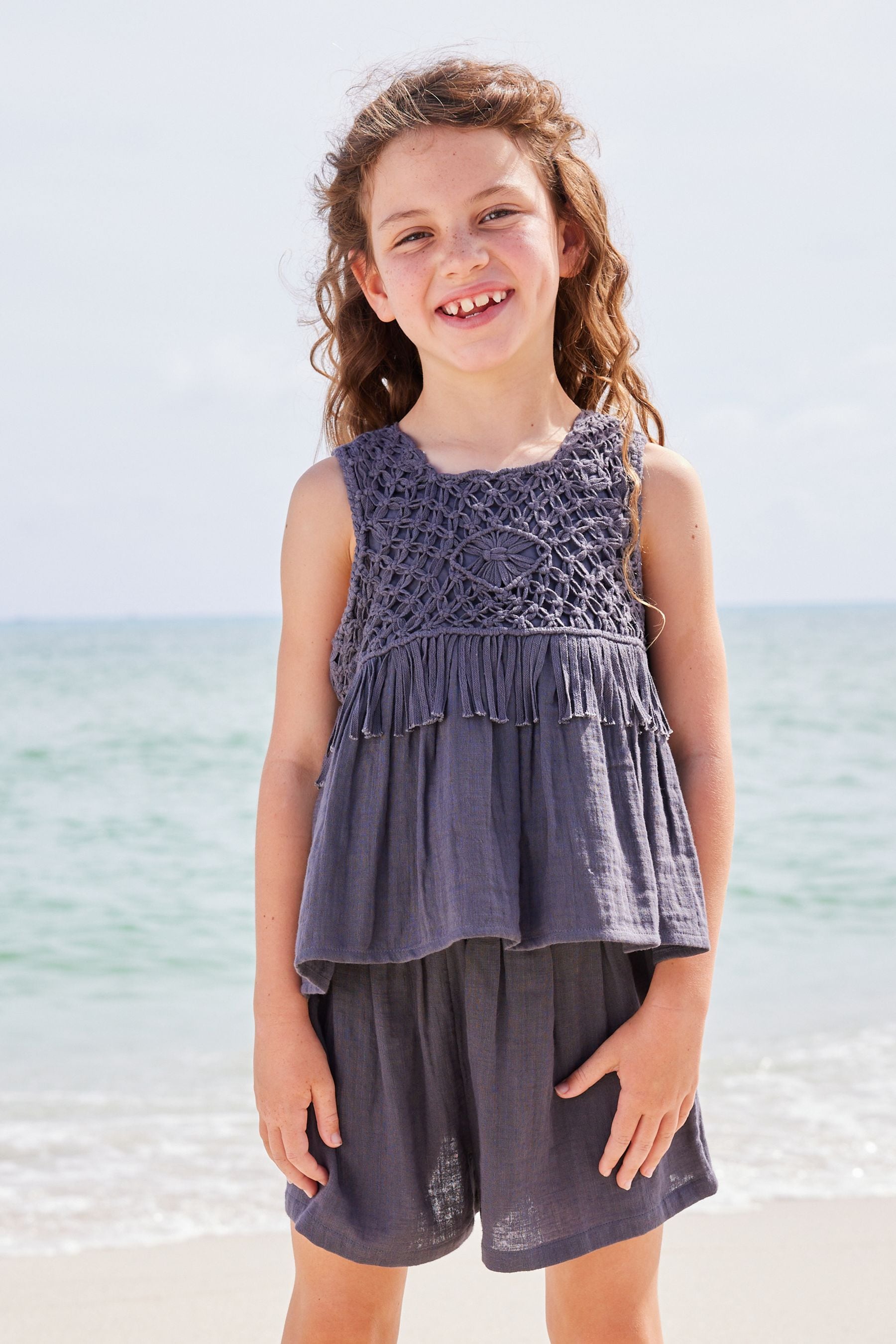 Charcoal Grey Macramé Detail Co-ord Set (3-16yrs)