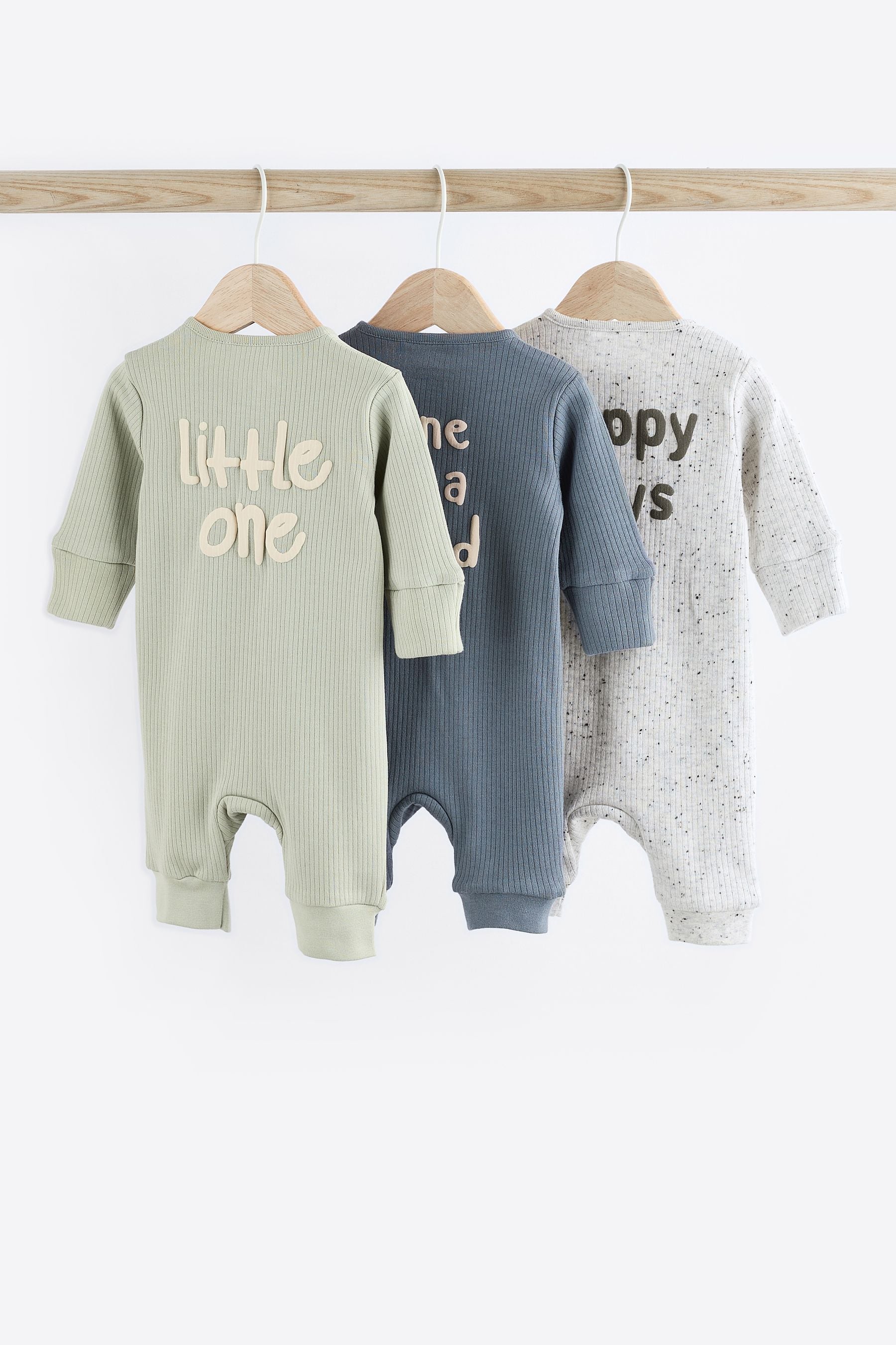 Blue / Grey Slogan Baby Footless Zip 100% Cotton Sleepsuits 3 Pack (0mths-3yrs)