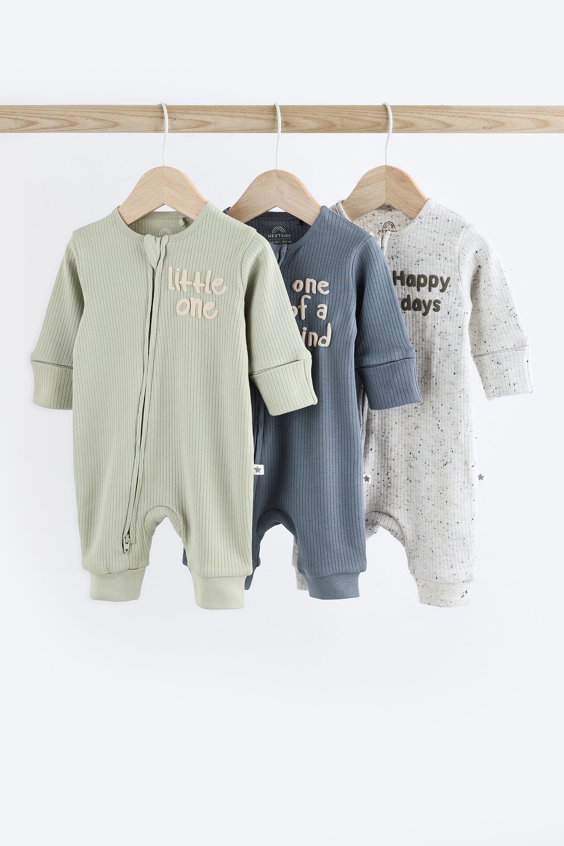 Blue / Grey Slogan Baby Footless Zip 100% Cotton Sleepsuits 3 Pack (0mths-3yrs)