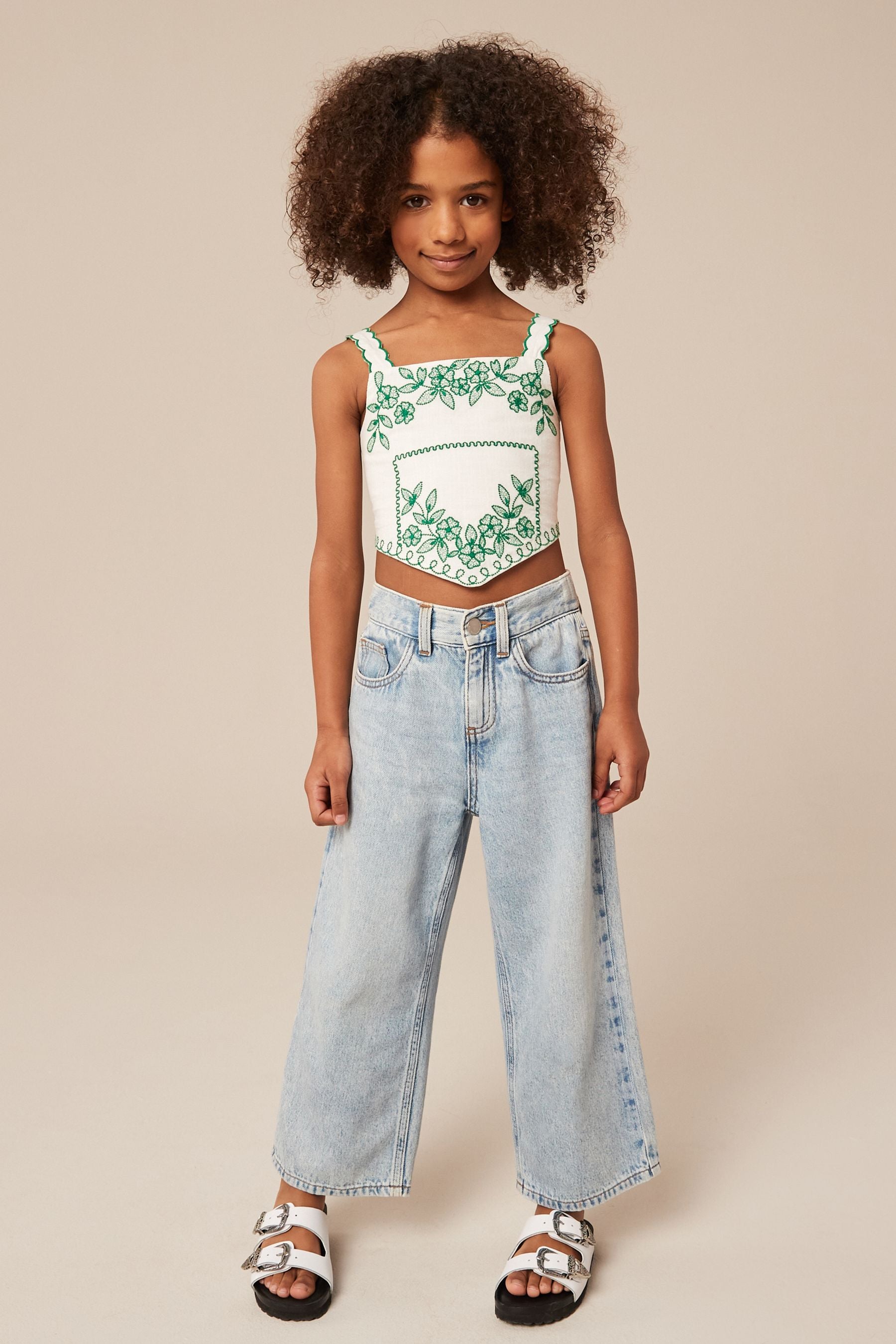 White/Green Embroidered Cami Top (3-16yrs)