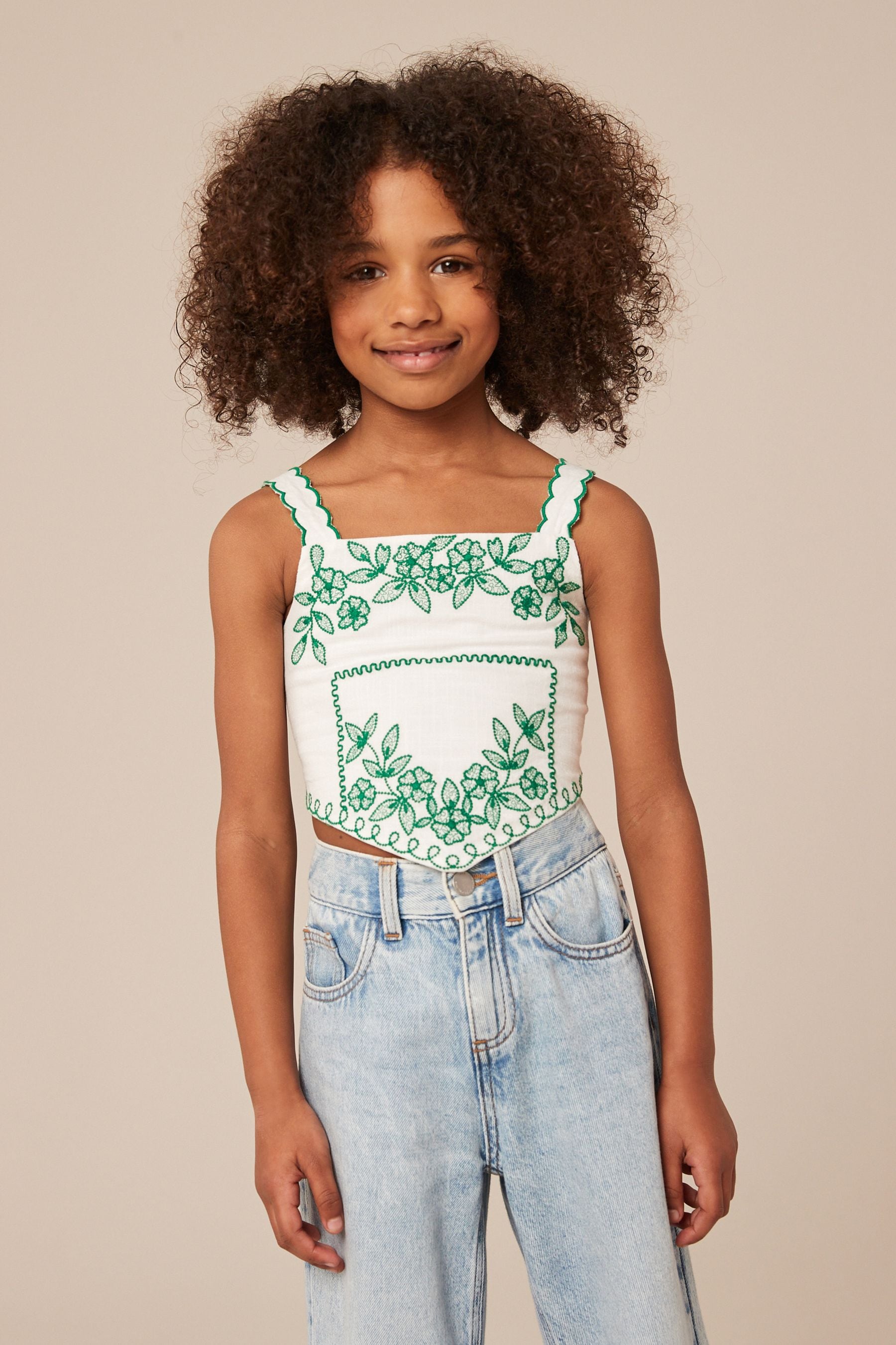 White/Green Embroidered Cami Top (3-16yrs)