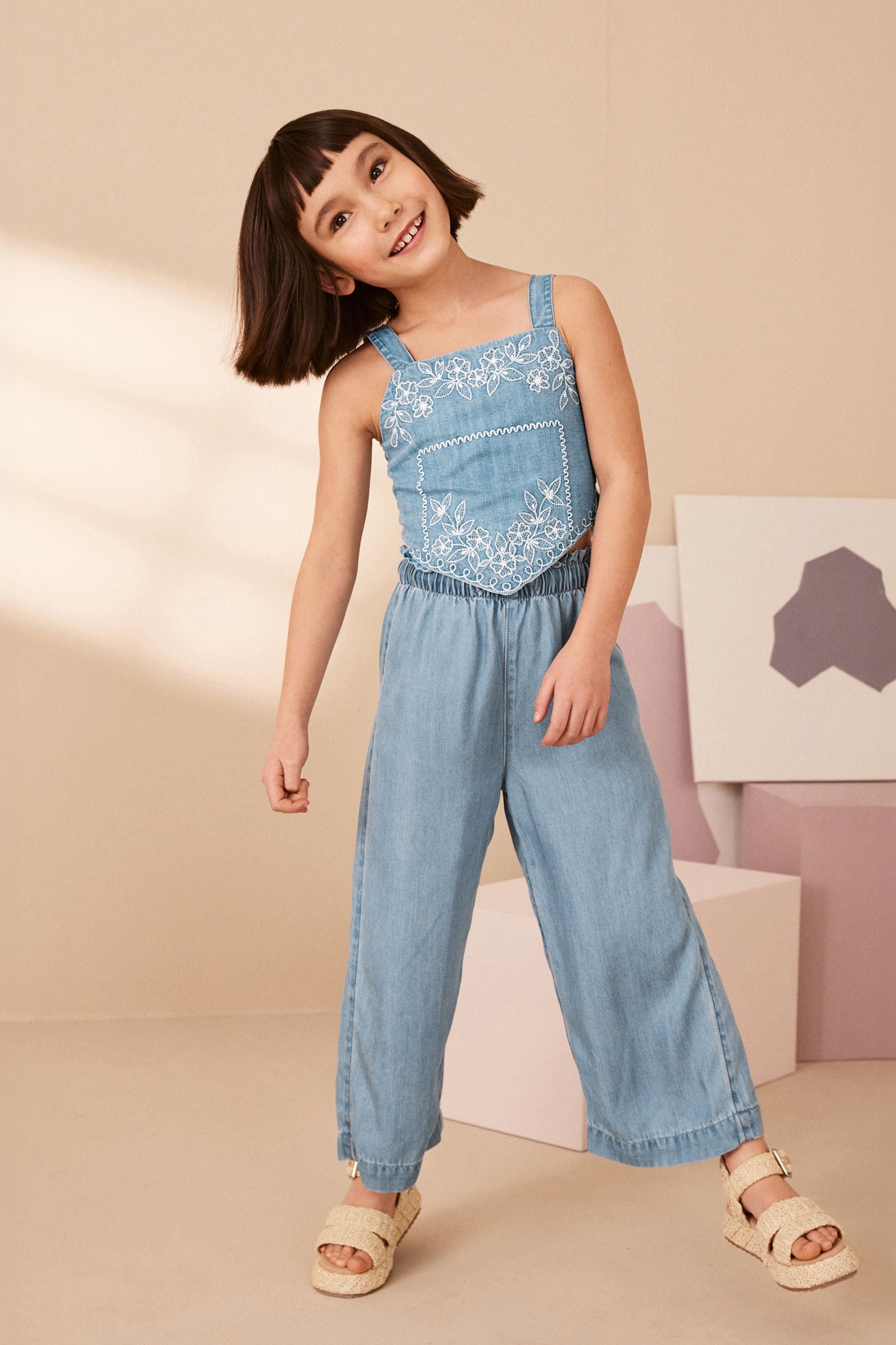 Blue Denim Embroidered Cami Top (3-16yrs)