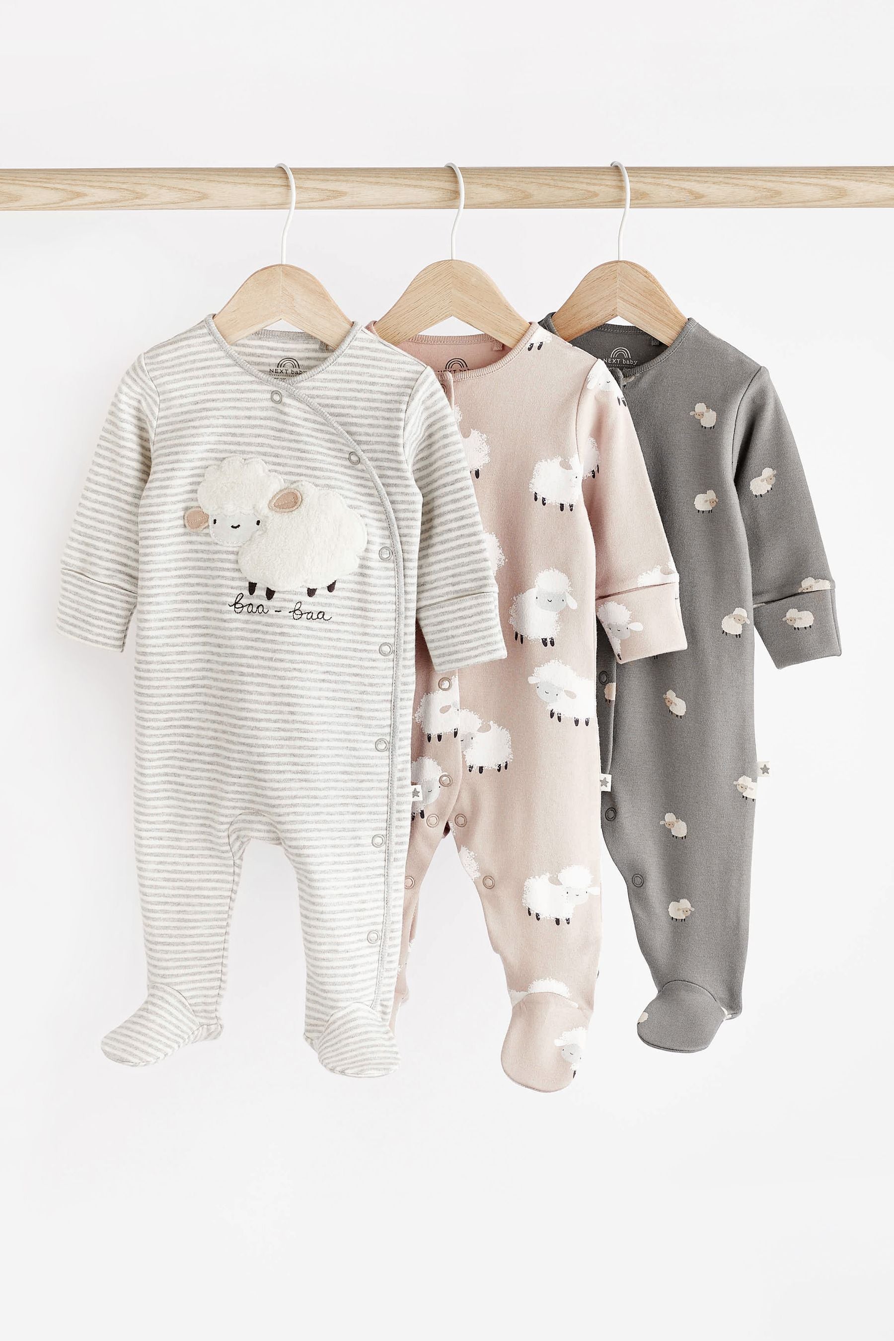 Grey Sheep Baby Delicate Appliqu?© Cotton Sleepsuits 3 Pack (0-2yrs)