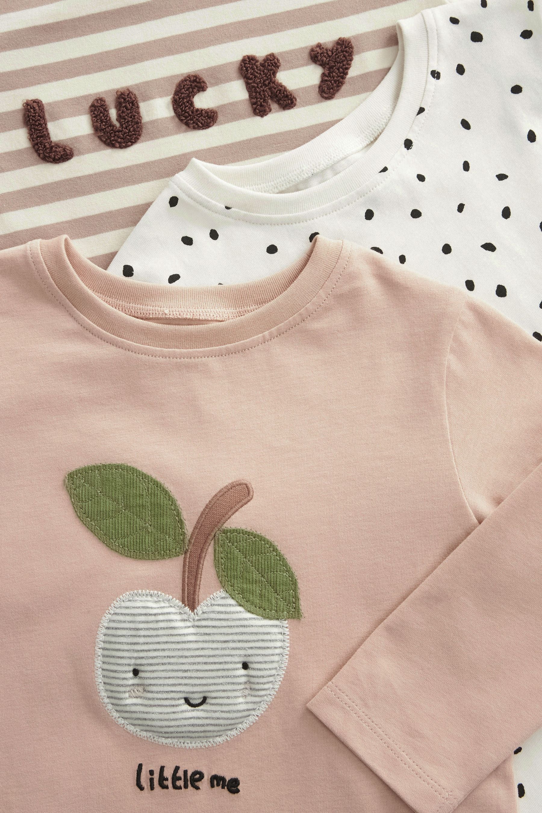 Cream Neutral Apple Character Long Sleeve Cotton T-Shirts 3 Pack (3mths-7yrs)