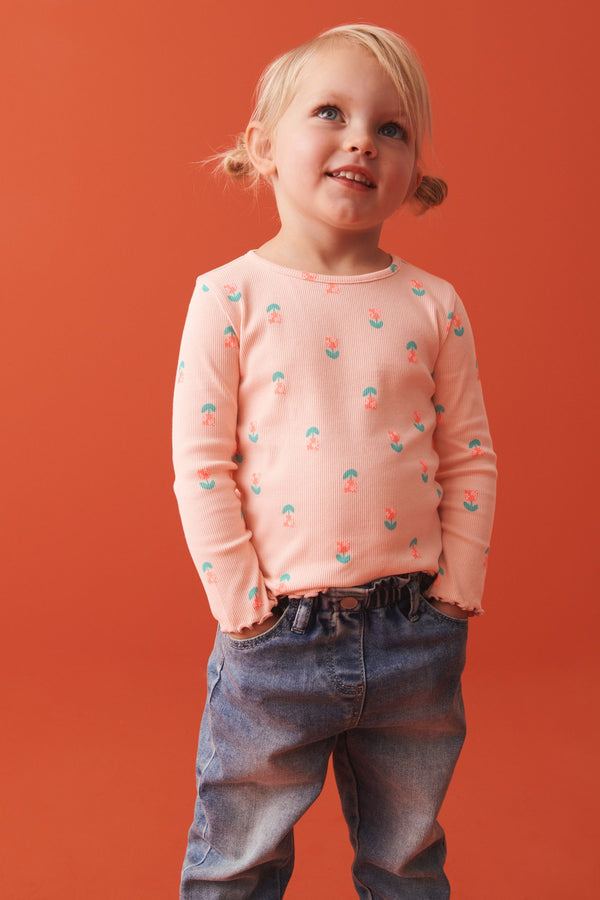 Coral Pink Flower T-Shirt Cotton-Rich Long Sleeve Rib T-Shirt (3mths-7yrs)