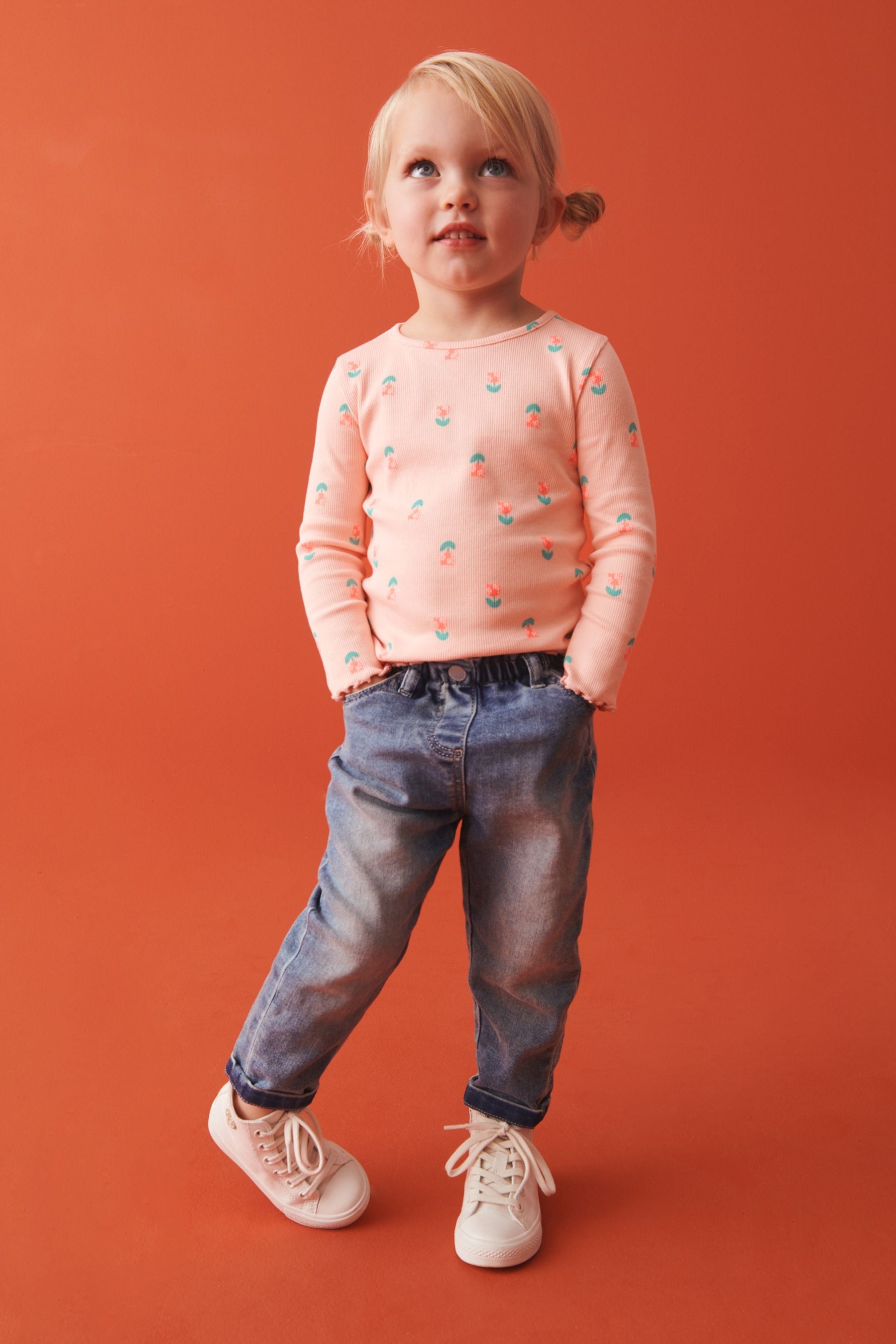 Coral Pink Flower T-Shirt Cotton-Rich Long Sleeve Rib T-Shirt (3mths-7yrs)