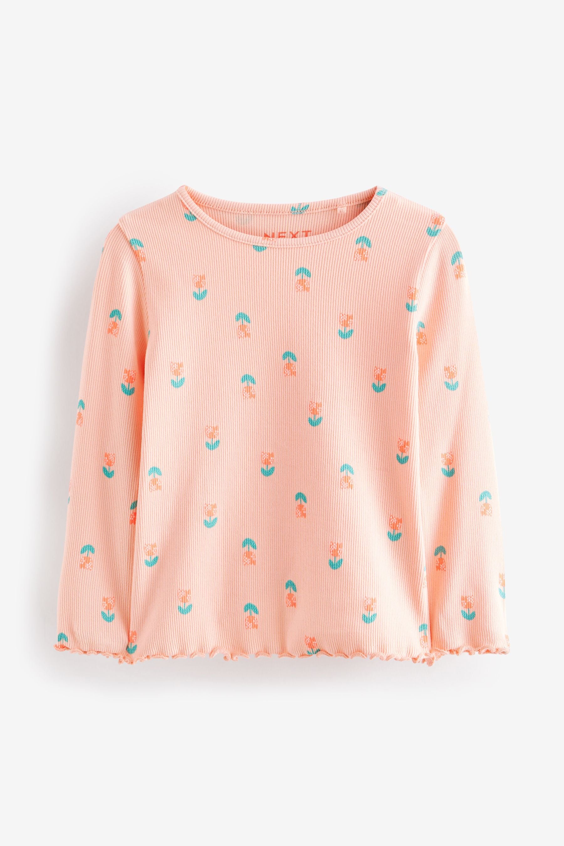 Coral Pink Flower T-Shirt Cotton-Rich Long Sleeve Rib T-Shirt (3mths-7yrs)