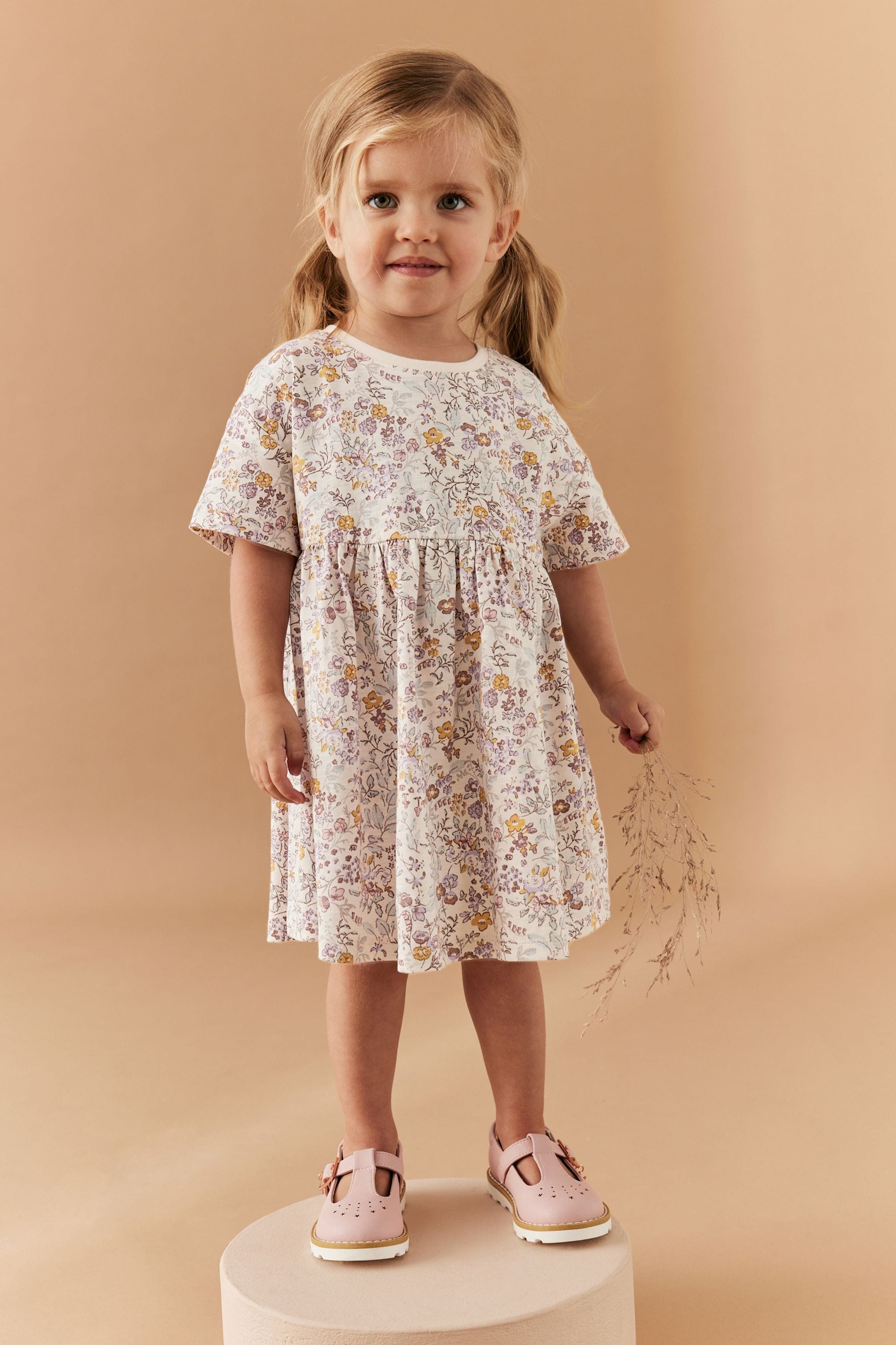 Cream Ditsy 100% Cotton Short Sleeve Jersey Dress (3mths-7yrs)