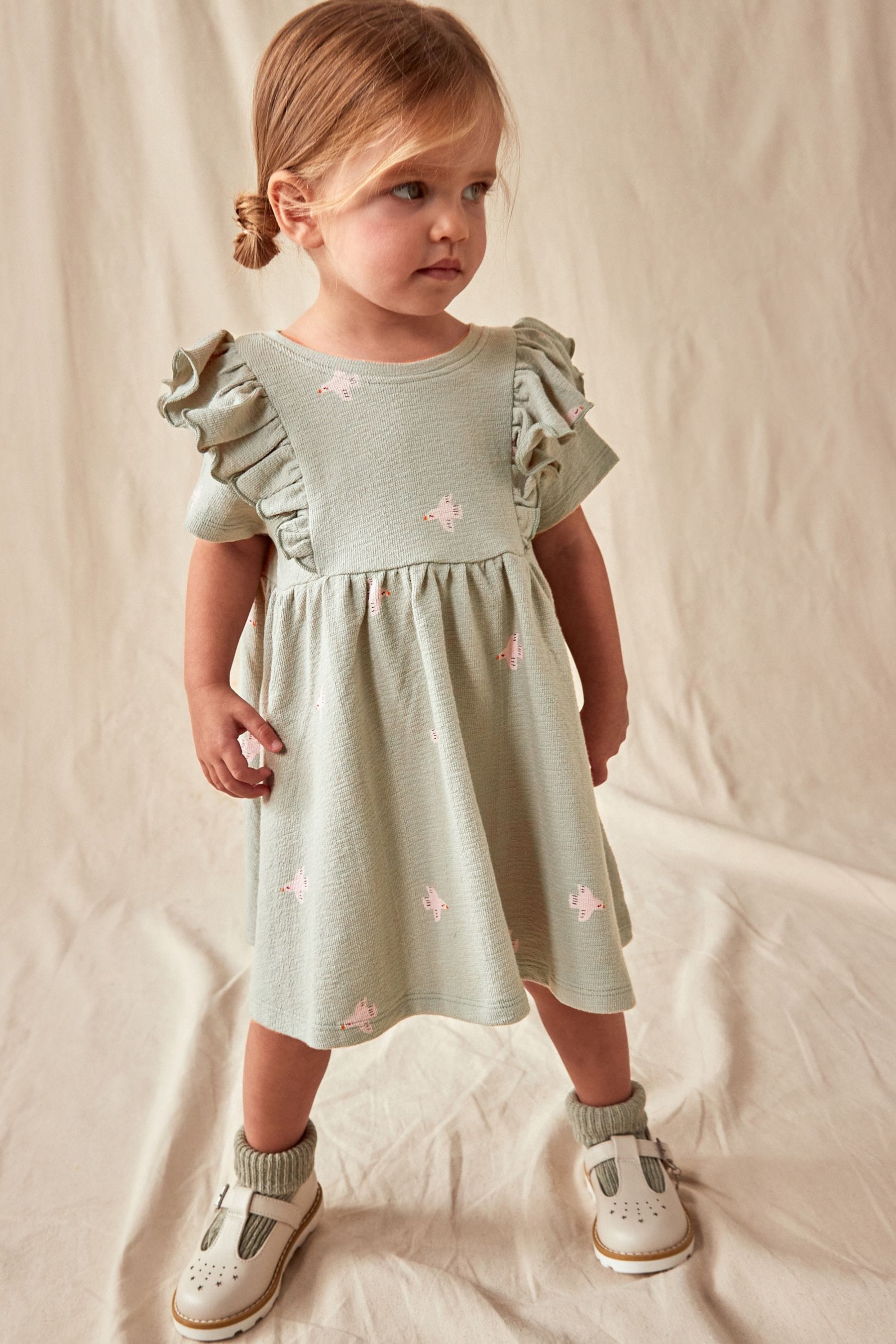 Green Short Sleeve Frill Textured Dress (3mths-7yrs)