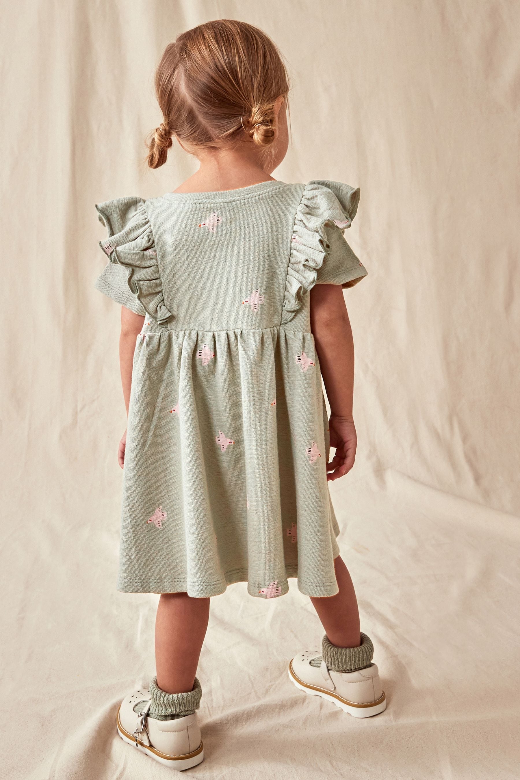 Green Short Sleeve Frill Textured Dress (3mths-7yrs)